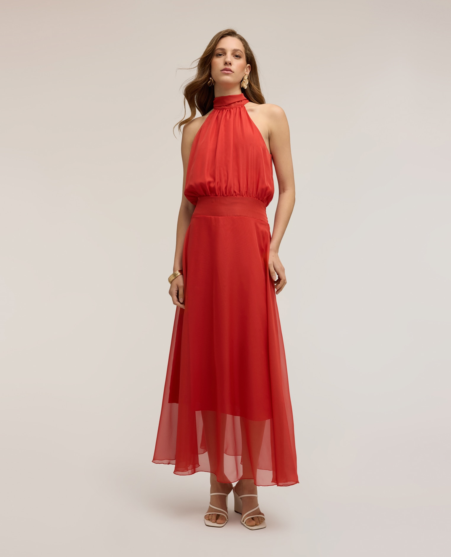 Motivi - Vestido largo en voile con escote halter escote halter con lazo decorativo cintura fruncida con elástico.