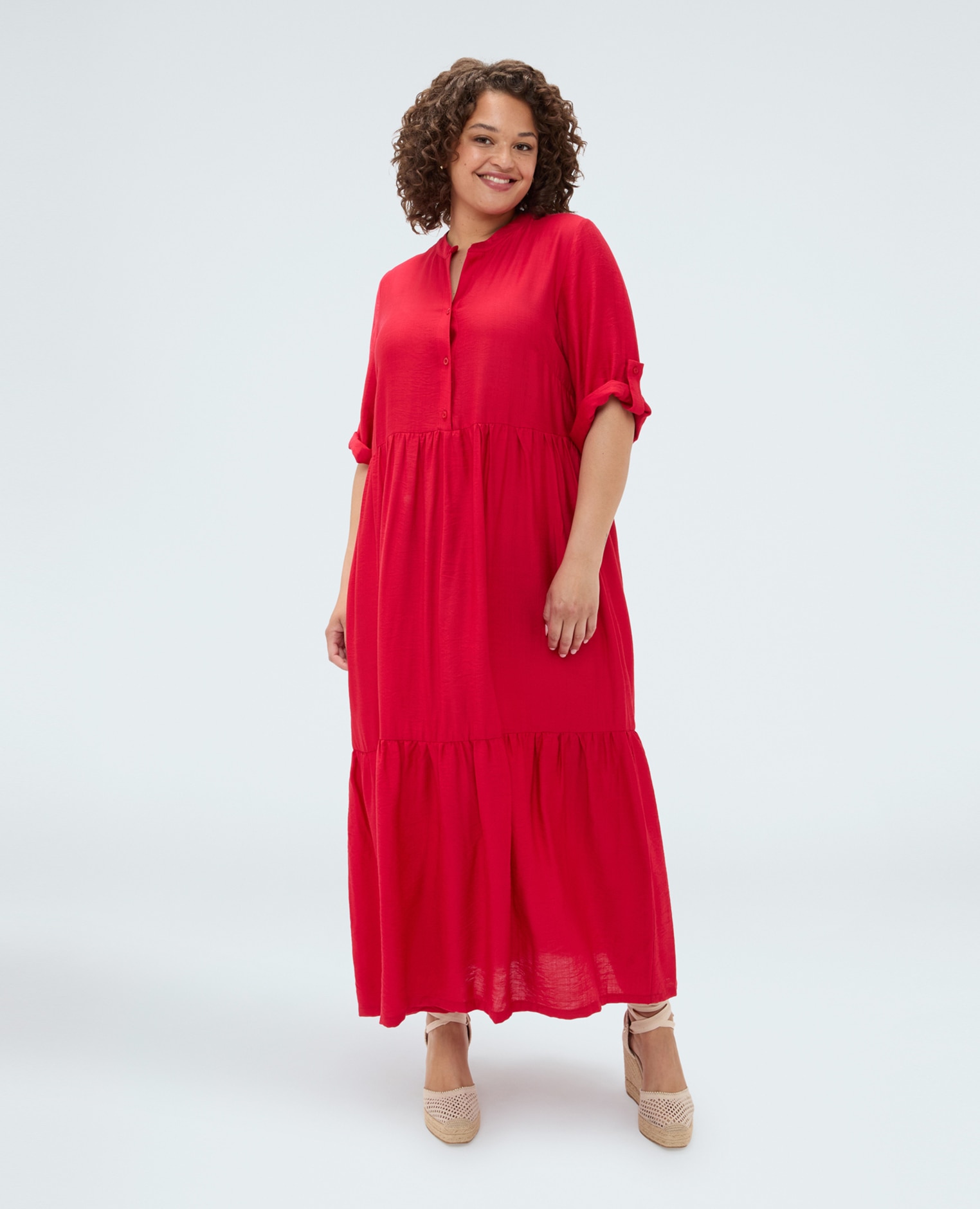Vestido camisero power en mezcla de viscosa mangas con detalle fruncido ajustable estructura de volantes en la falda - Fiorella Rubino - Rojo Rojo-1