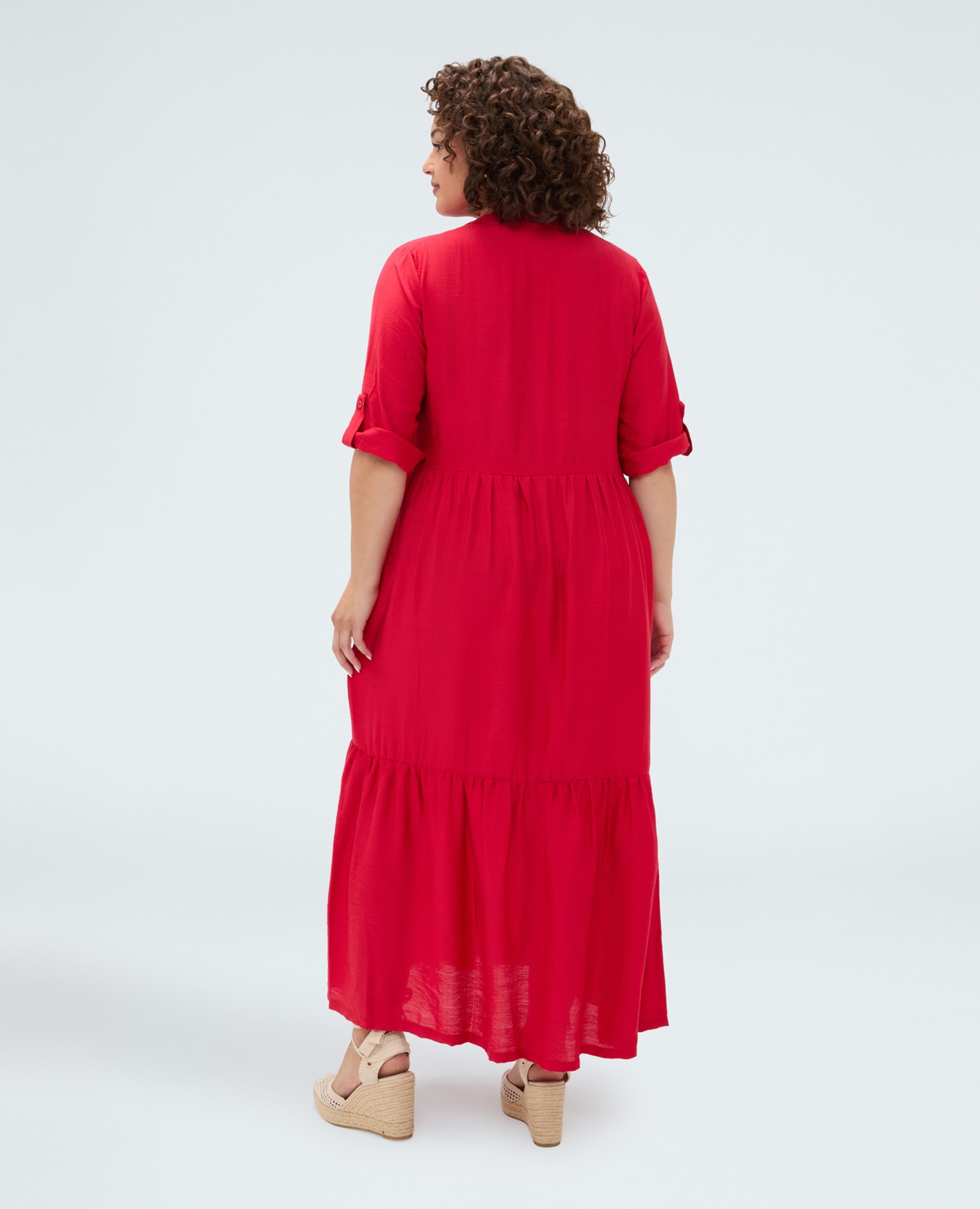 Vestido camisero power en mezcla de viscosa mangas con detalle fruncido ajustable estructura de volantes en la falda - Fiorella Rubino - Rojo Rojo-2