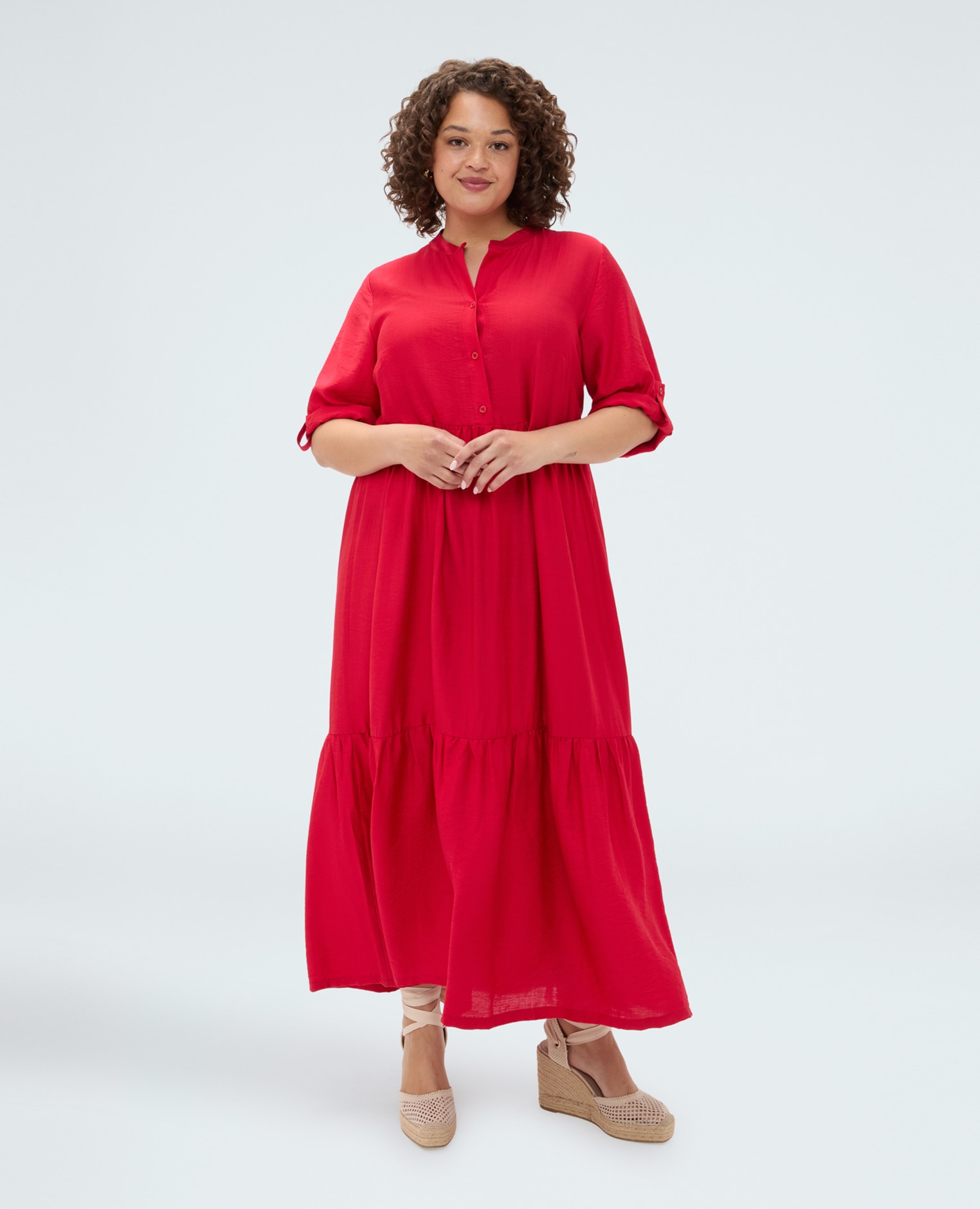 Vestido camisero power en mezcla de viscosa mangas con detalle fruncido ajustable estructura de volantes en la falda - Fiorella Rubino - Rojo Rojo-3