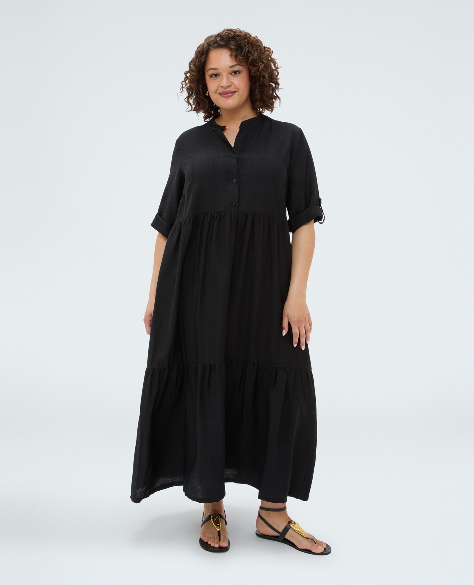 Vestido camisero power en mezcla de viscosa mangas con detalle fruncido ajustable estructura de volantes en la falda - Fiorella Rubino - Negro Negro-1