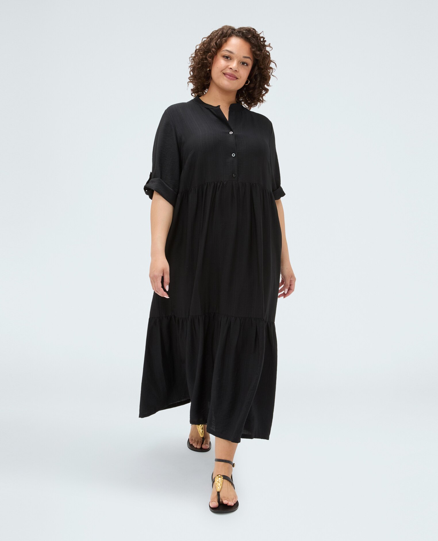 Vestido camisero power en mezcla de viscosa mangas con detalle fruncido ajustable estructura de volantes en la falda - Fiorella Rubino - Negro Negro-3