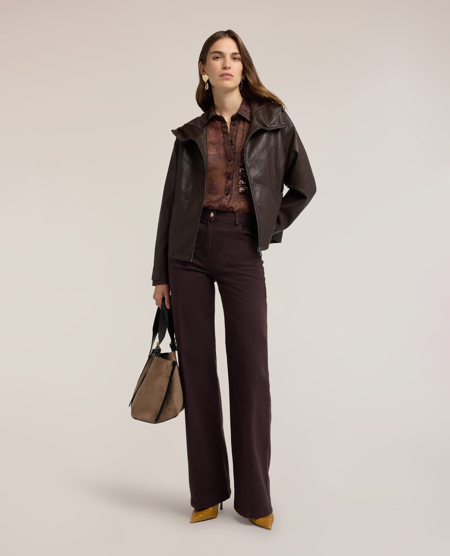 Chaqueta de mujer con capucha y cremallera ajuste oversize corte corto - Motivi - Marrón Marrón-3
