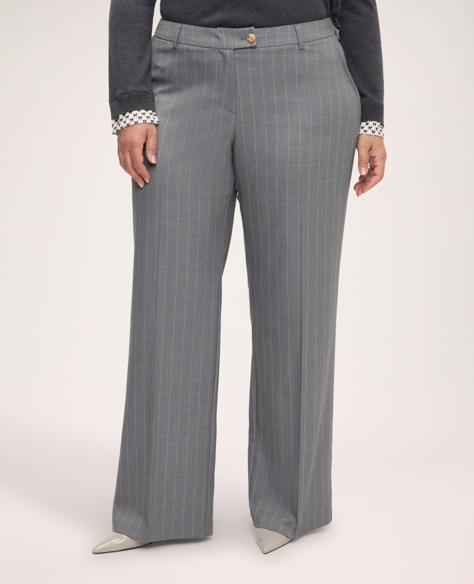 Pantalones de mujer wide leg de rayas diplomáticas pierna ancha pliegue planchado y motivo de rayas diplomáticas - Fiorella Rubino - Gris Gris-3