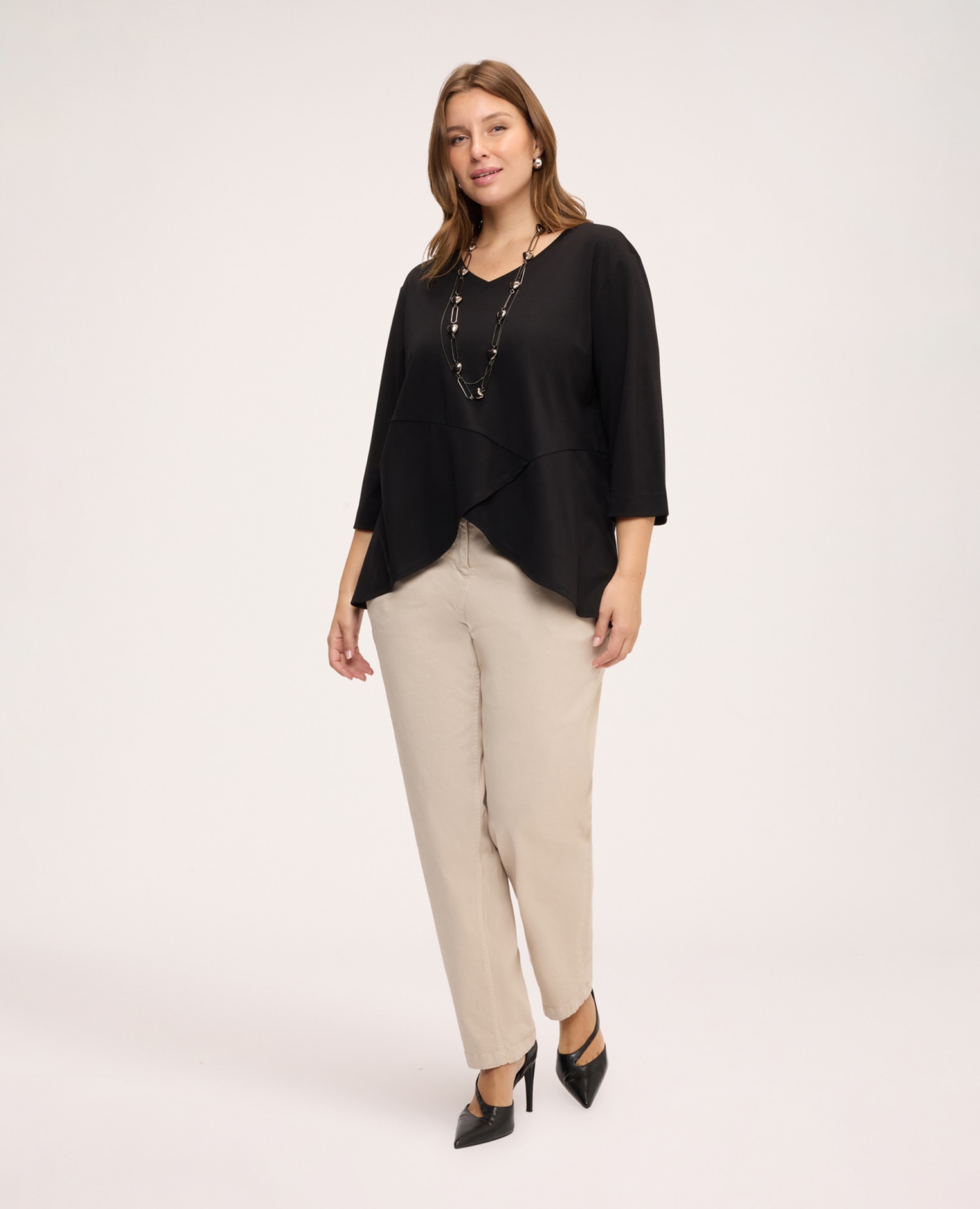 Camiseta de mujer de punto con detalle cruzado fondo con doble capa de cartera asimétrica - Fiorella Rubino - Negro Negro-3