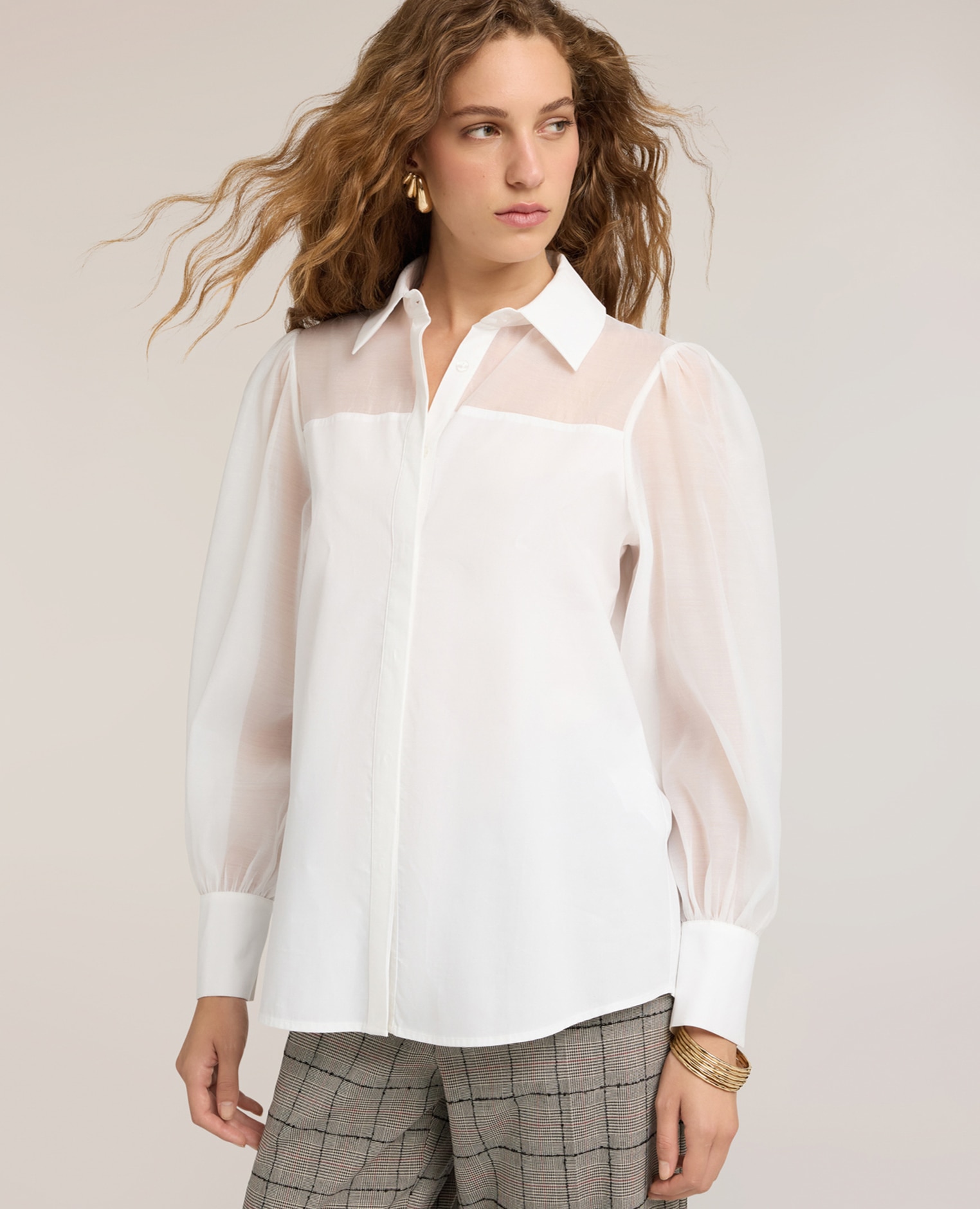 Camisa de mujer de popelín con detalles semitransparentes abertura frontal con cuello clásico - Motivi - Blanco Blanco-1