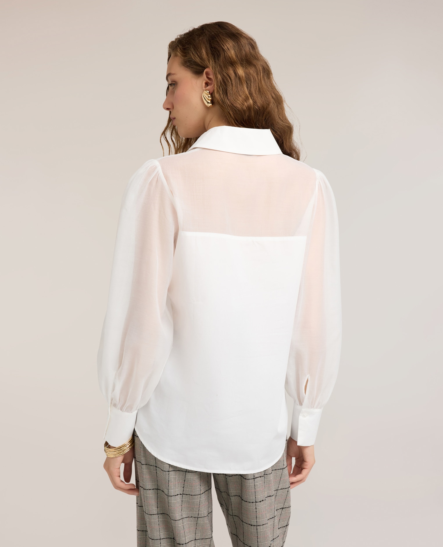 Camisa de mujer de popelín con detalles semitransparentes abertura frontal con cuello clásico - Motivi - Blanco Blanco-2