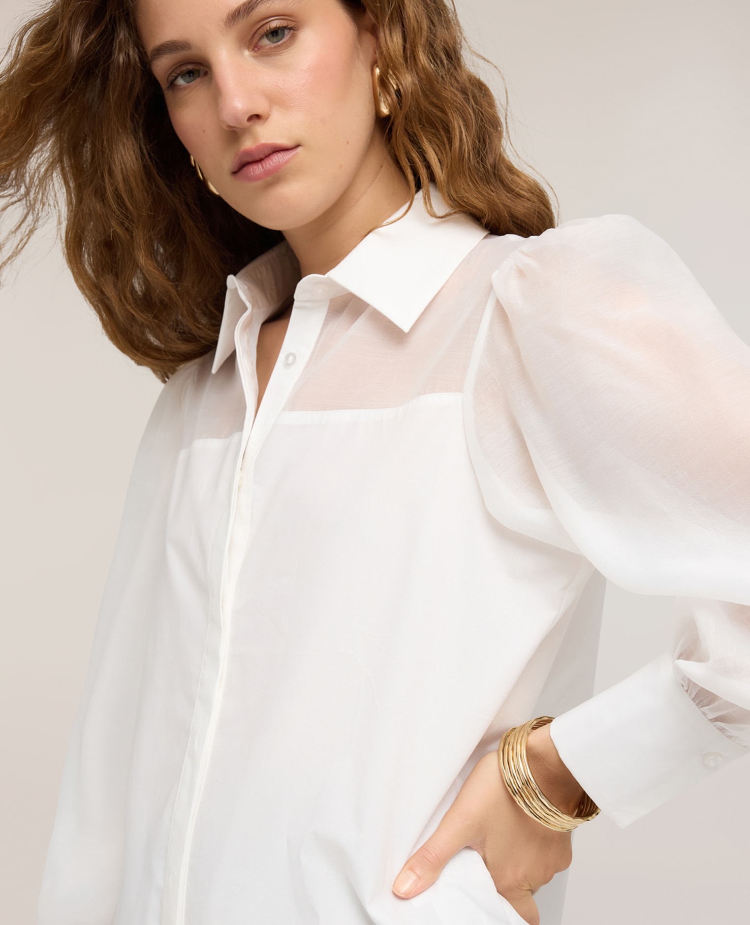 Camisa de mujer de popelín con detalles semitransparentes abertura frontal con cuello clásico - Motivi - Blanco Blanco-4