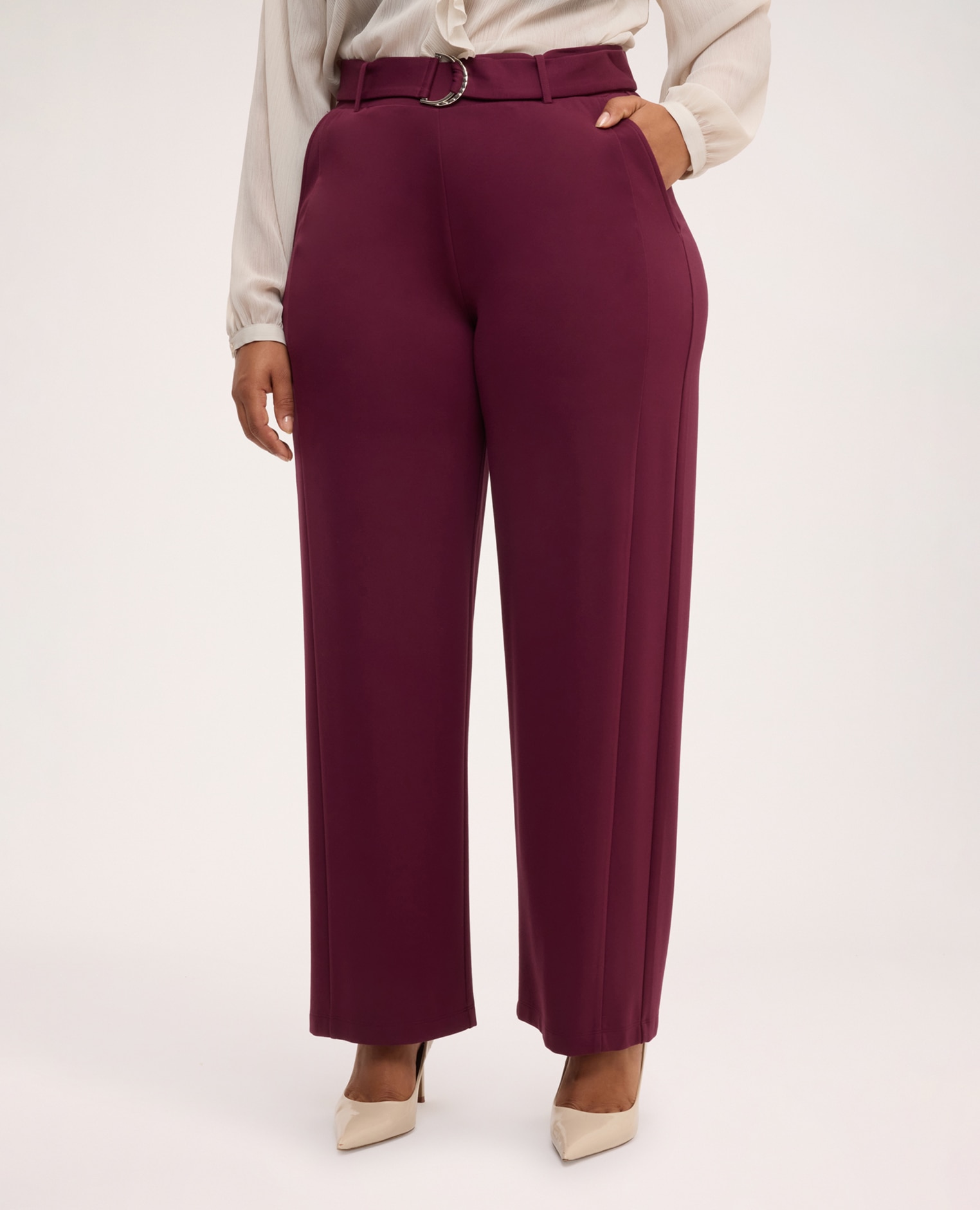 Pantalones de mujer wide leg con cinturón de anilla cintura con banda elástica para el máximo confort - Fiorella Rubino - Burdeos Burdeos-3