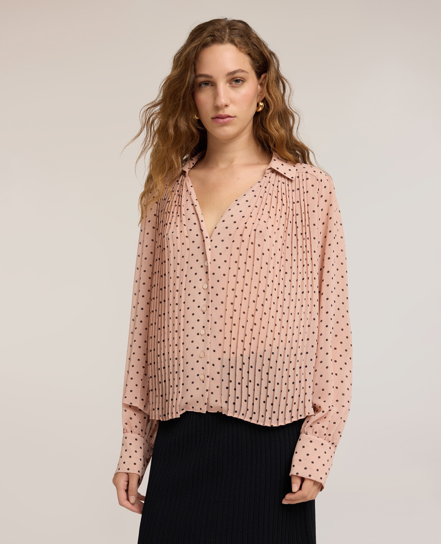 Camisa de mujer de georgette de lunares con plisado ajuste holgado con cierre frontal de botones - Motivi - Rosa Rosa-1
