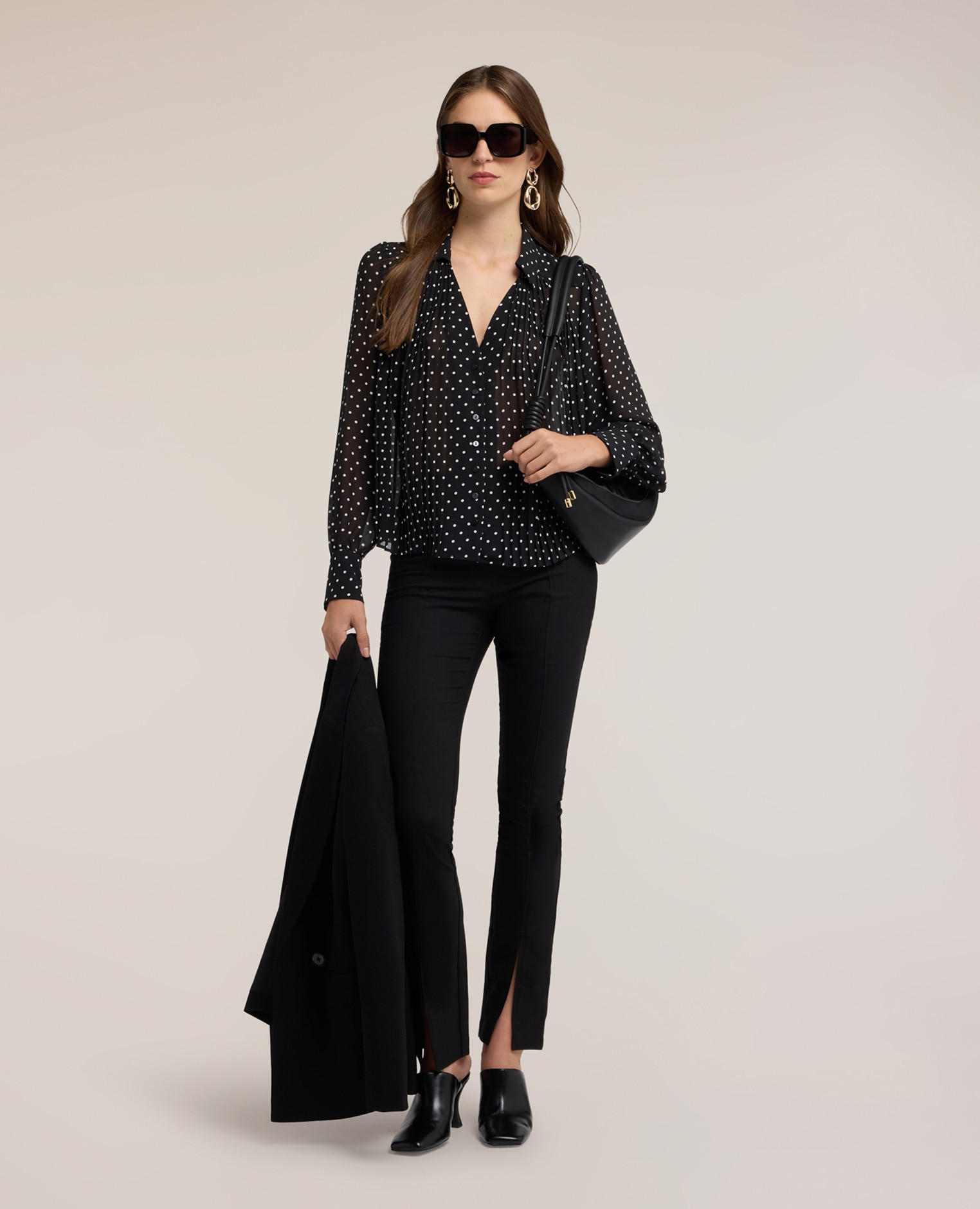 Camisa de mujer de georgette de lunares con plisado ajuste holgado con cierre frontal de botones - Motivi - Negro Negro-3