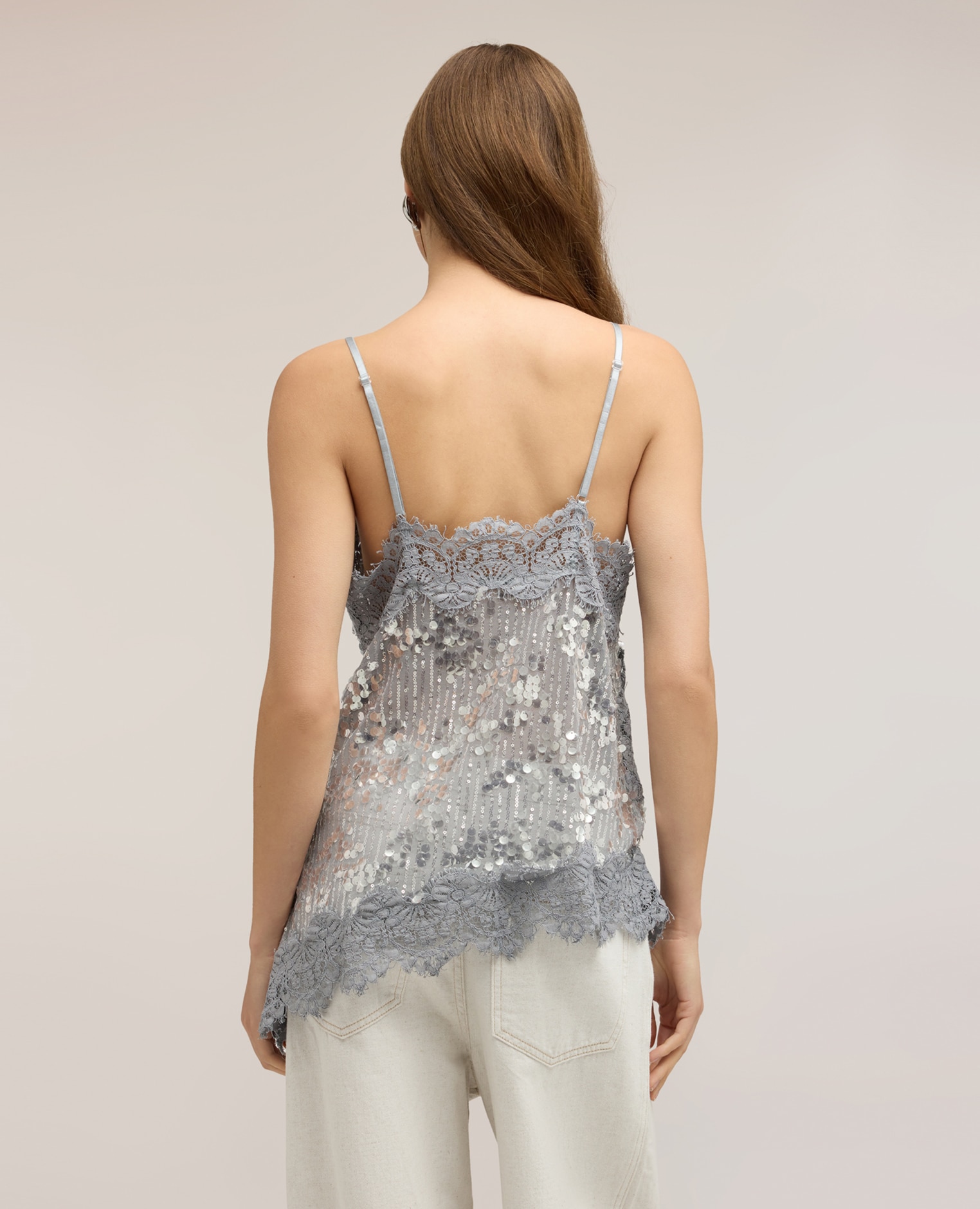 Top de mujer de tul con lentejuelas y encaje ajuste ceñido con dobladillo asimétrico - Motivi - Gris Gris-2