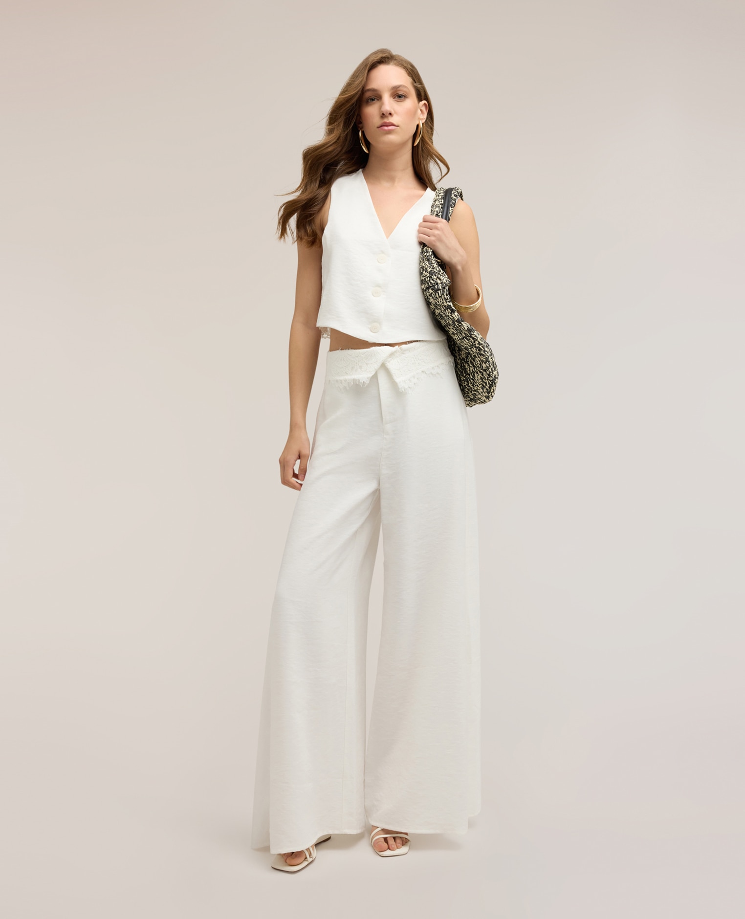 Pantalones de mujer palazzo con detalle de encaje ajuste regular cierre con cremallera - Motivi - Blanco Blanco-3