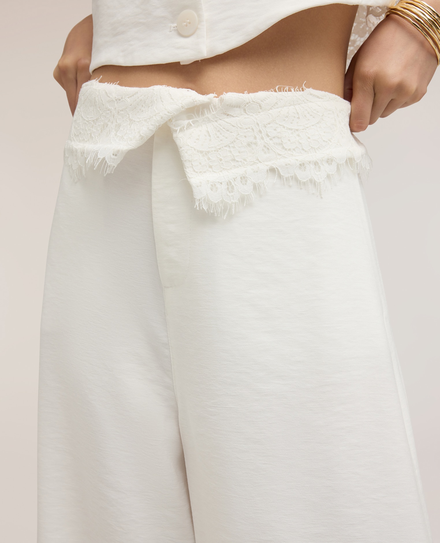Pantalones de mujer palazzo con detalle de encaje ajuste regular cierre con cremallera - Motivi - Blanco Blanco-4