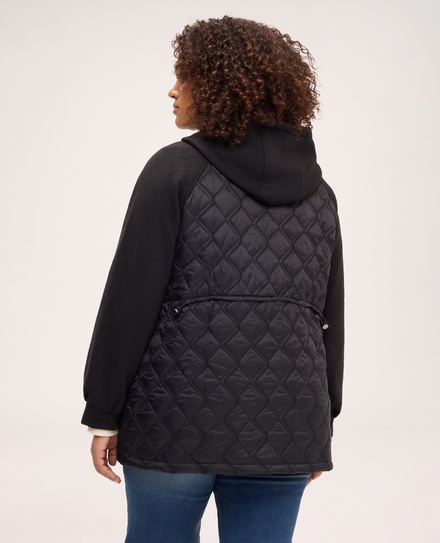Plumífero de mujer bimaterial con capucha cremallera oculta y amplios bolsillos con botones de presión - Fiorella Rubino - Negro Negro-2