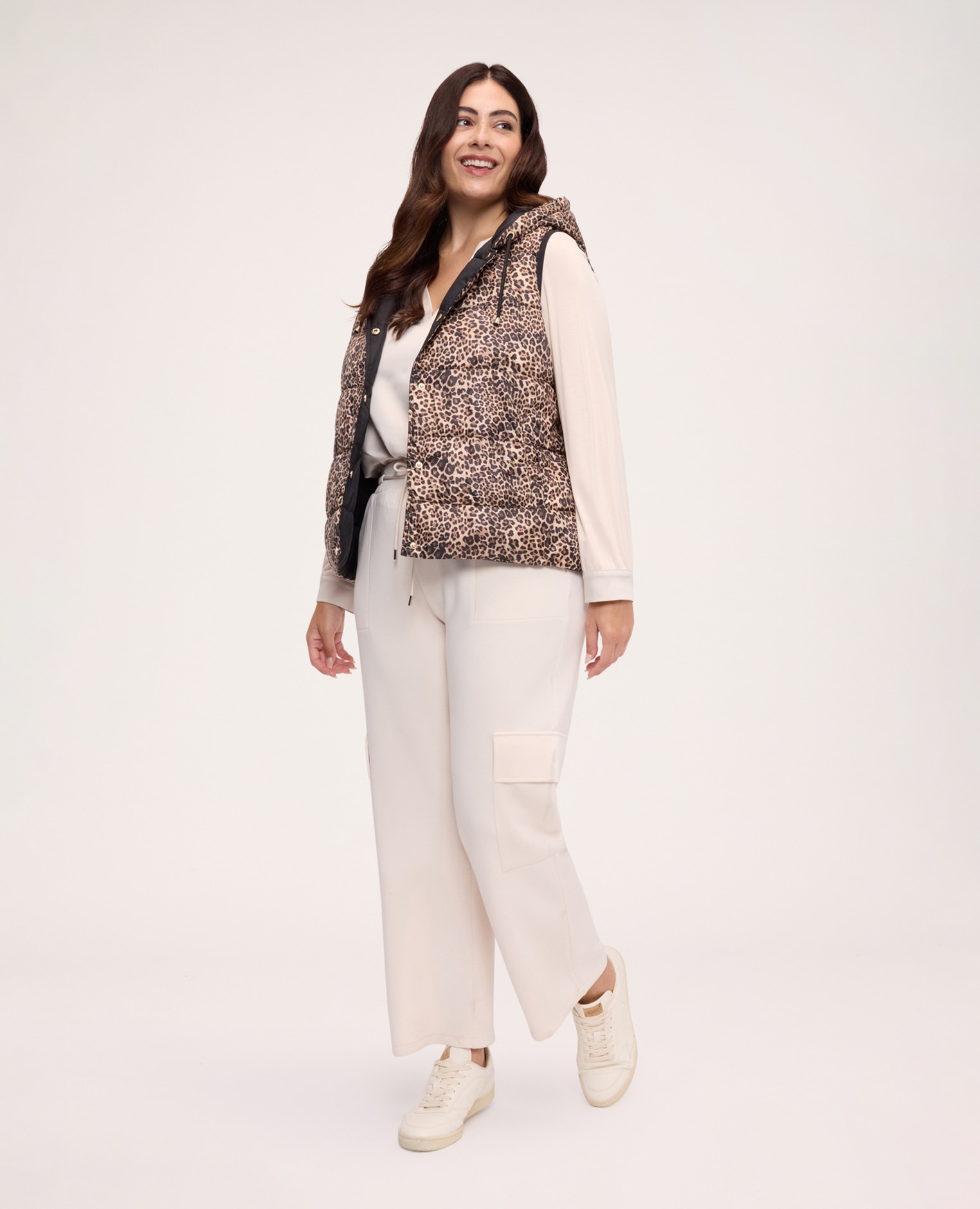 Chaleco de mujer acolchado reversible con estampado de leopardo cierre con botones de presión - Fiorella Rubino - Beige Beige-3