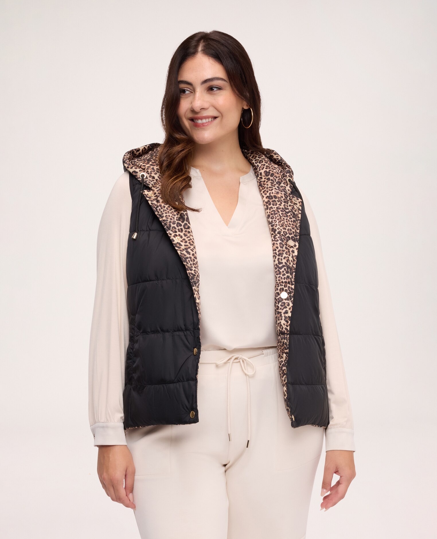 Chaleco de mujer acolchado reversible con estampado de leopardo cierre con botones de presión - Fiorella Rubino - Beige Beige-4