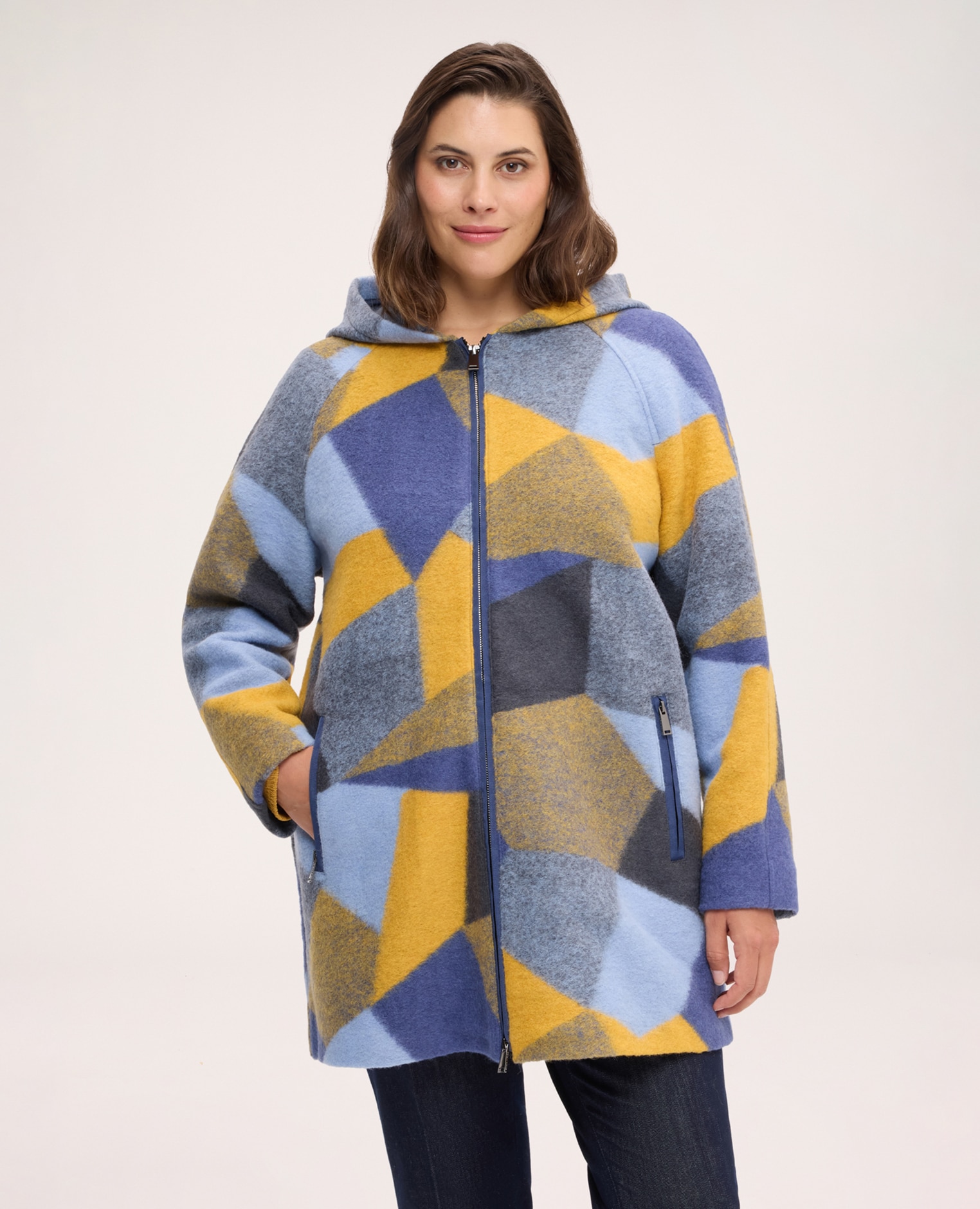 Abrigo de mujer de mezcla de lana con estampado y cierre frontal con cremallera de doble cursor y bolsillos laterales con cremallera - Fiorella Rubino - Azul Azul-1