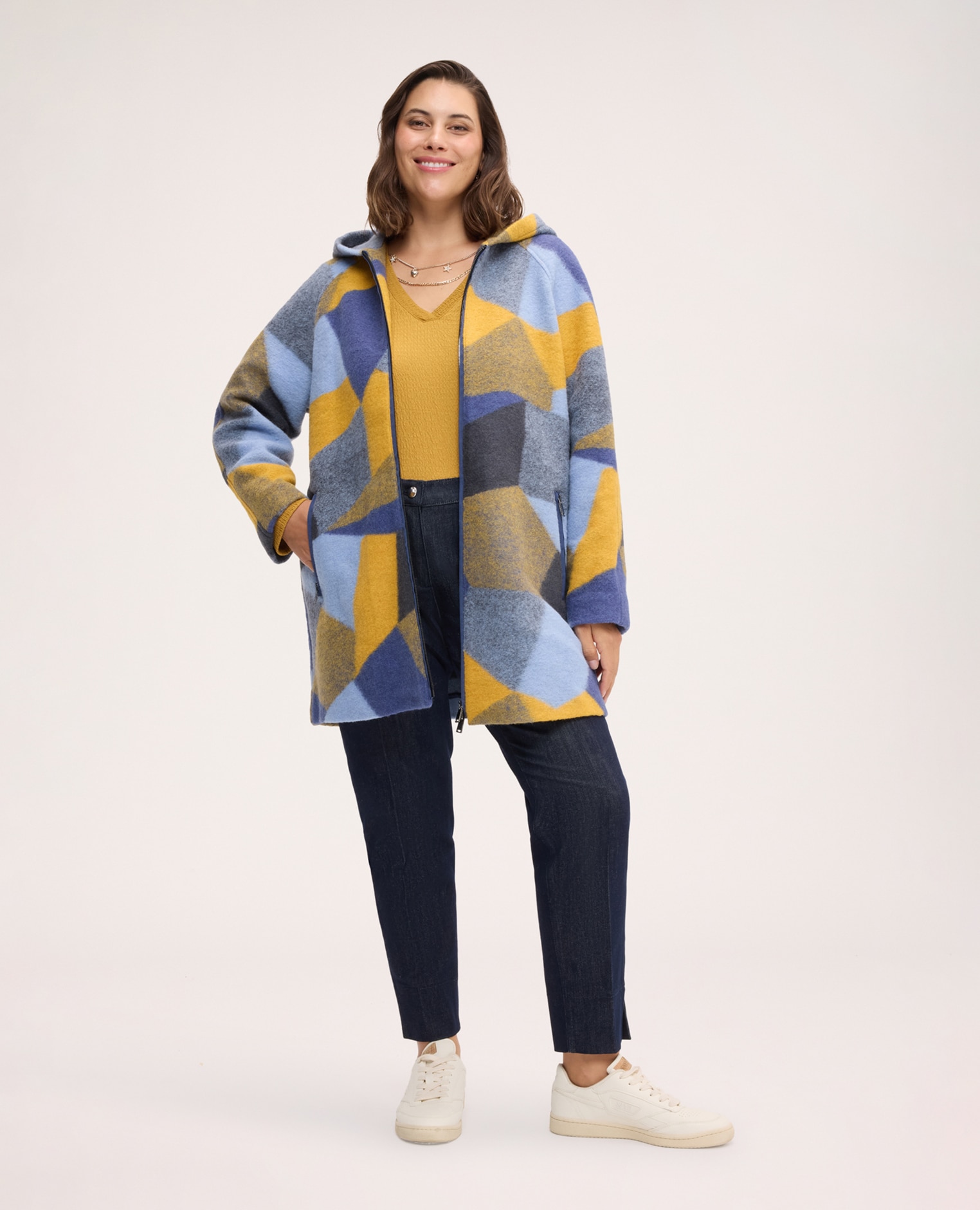 Abrigo de mujer de mezcla de lana con estampado y cierre frontal con cremallera de doble cursor y bolsillos laterales con cremallera - Fiorella Rubino - Azul Azul-3