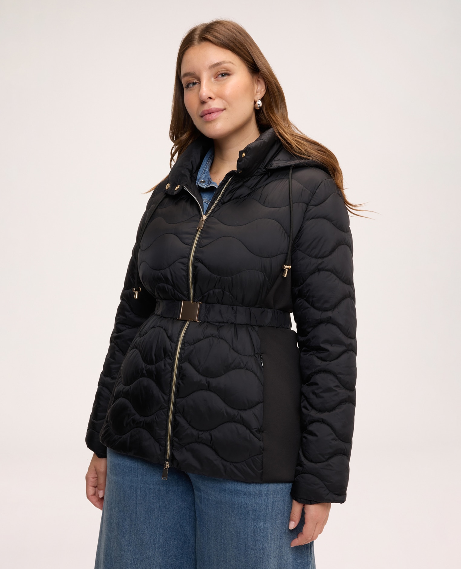 Plumífero de mujer bimaterial con cinturón en la cintura chaqueta acolchada para el máximo confort - Fiorella Rubino - Negro Negro-1