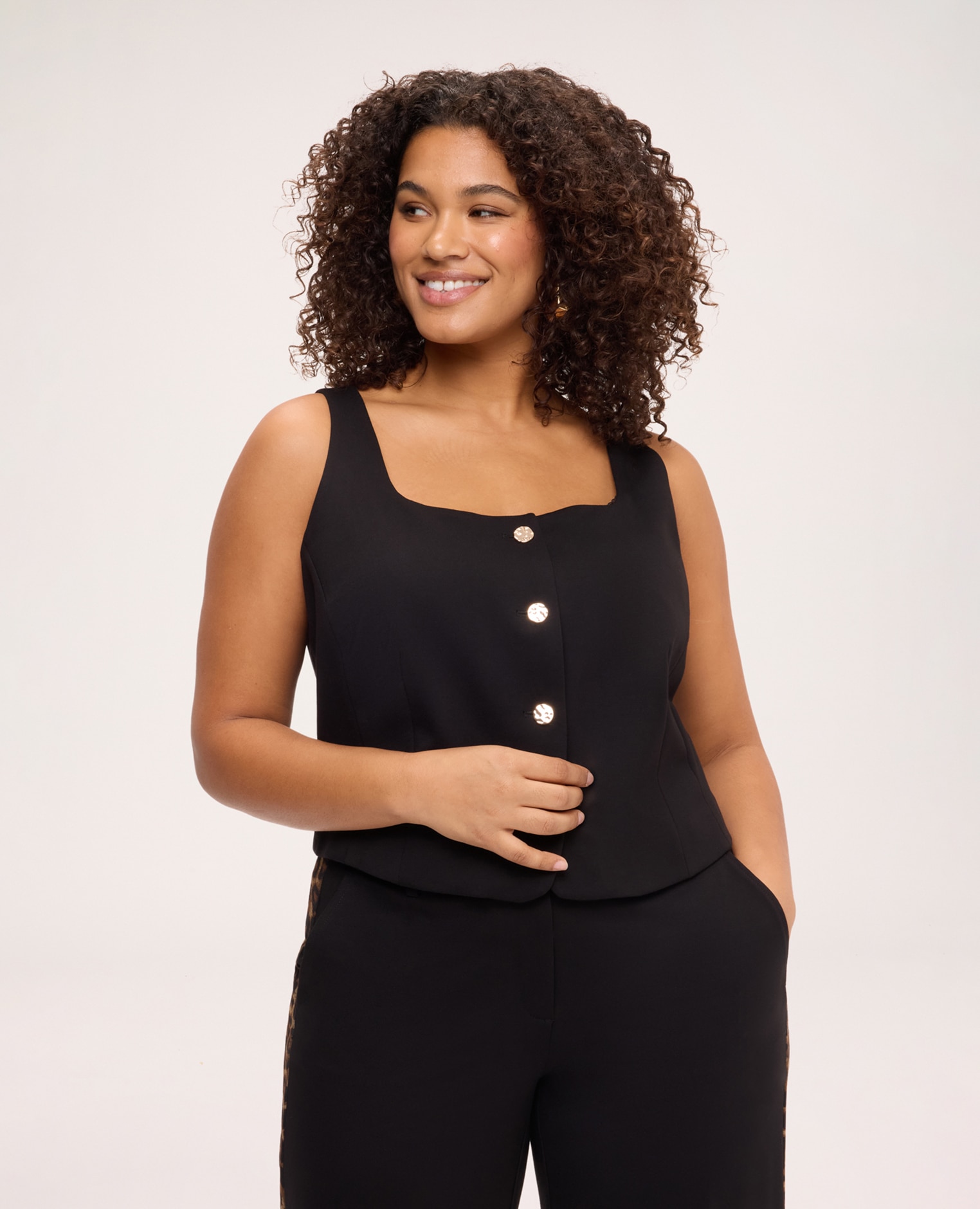 Top de mujer escote cuadrado en punto milano pinzas en la parte delantera para un ajuste ceñido y detalle de banda en contraste en la parte posterior del escote - Fiorella Rubino - Negro Negro-1