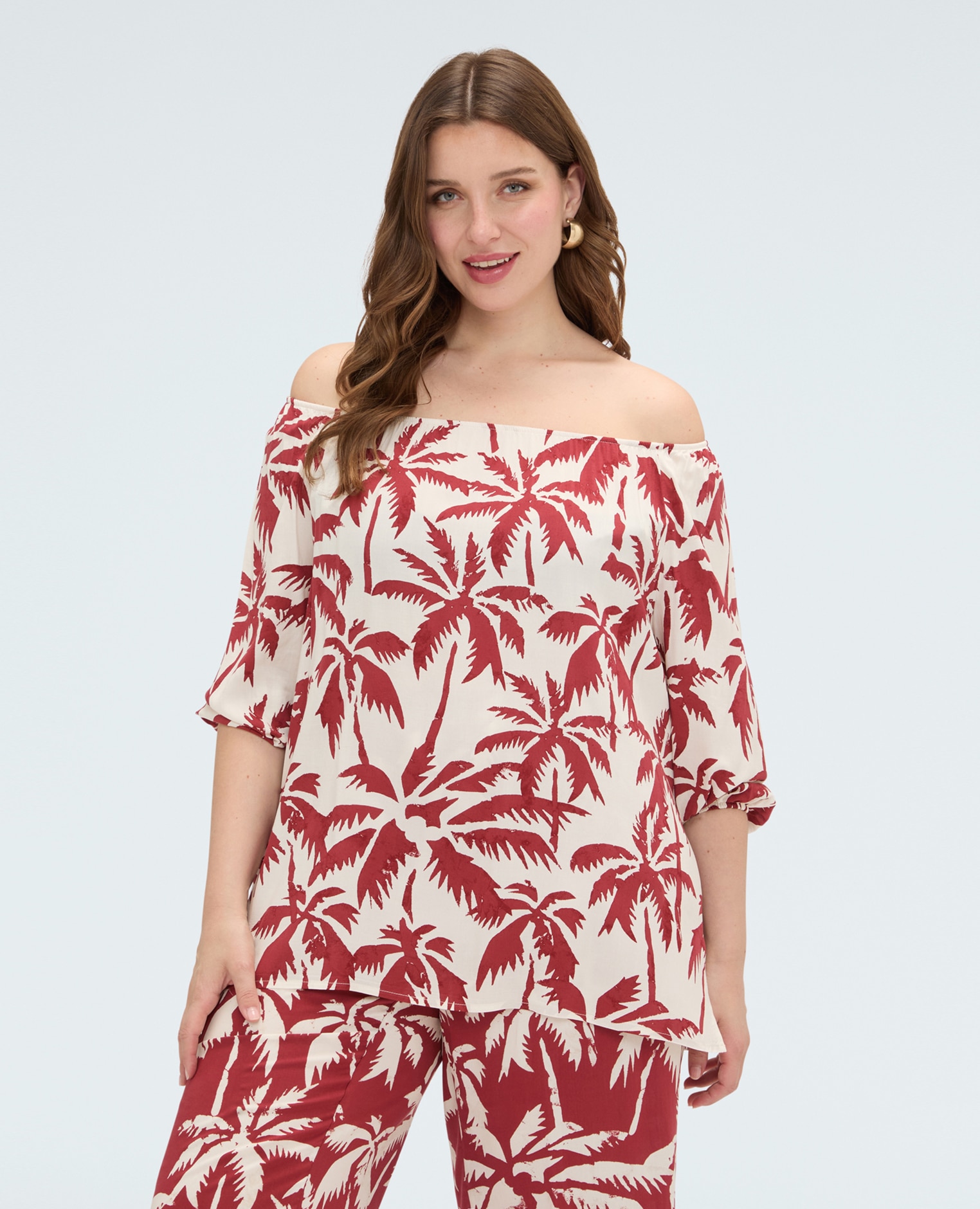 Blusa de mujer off-shoulder con estampado tejido fresco y ligero para una sensación agradable sobre la piel - Fiorella Rubino - Blanco Blanco-1