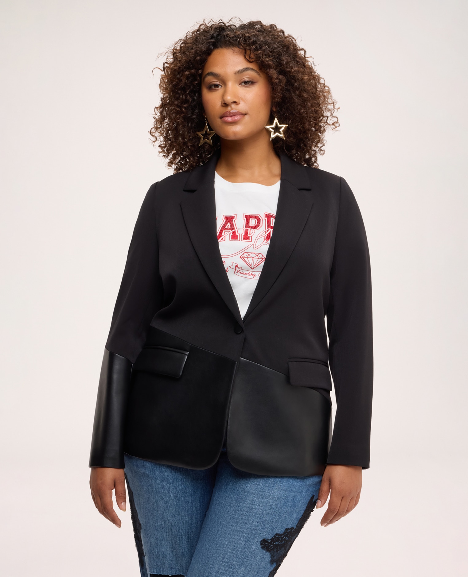 Blazer de mujer con insertos en tejido revestido diseño combo con combinación de dos materiales distintos para un efecto patchwork geométrico - Fiorella Rubino - Negro Negro-1