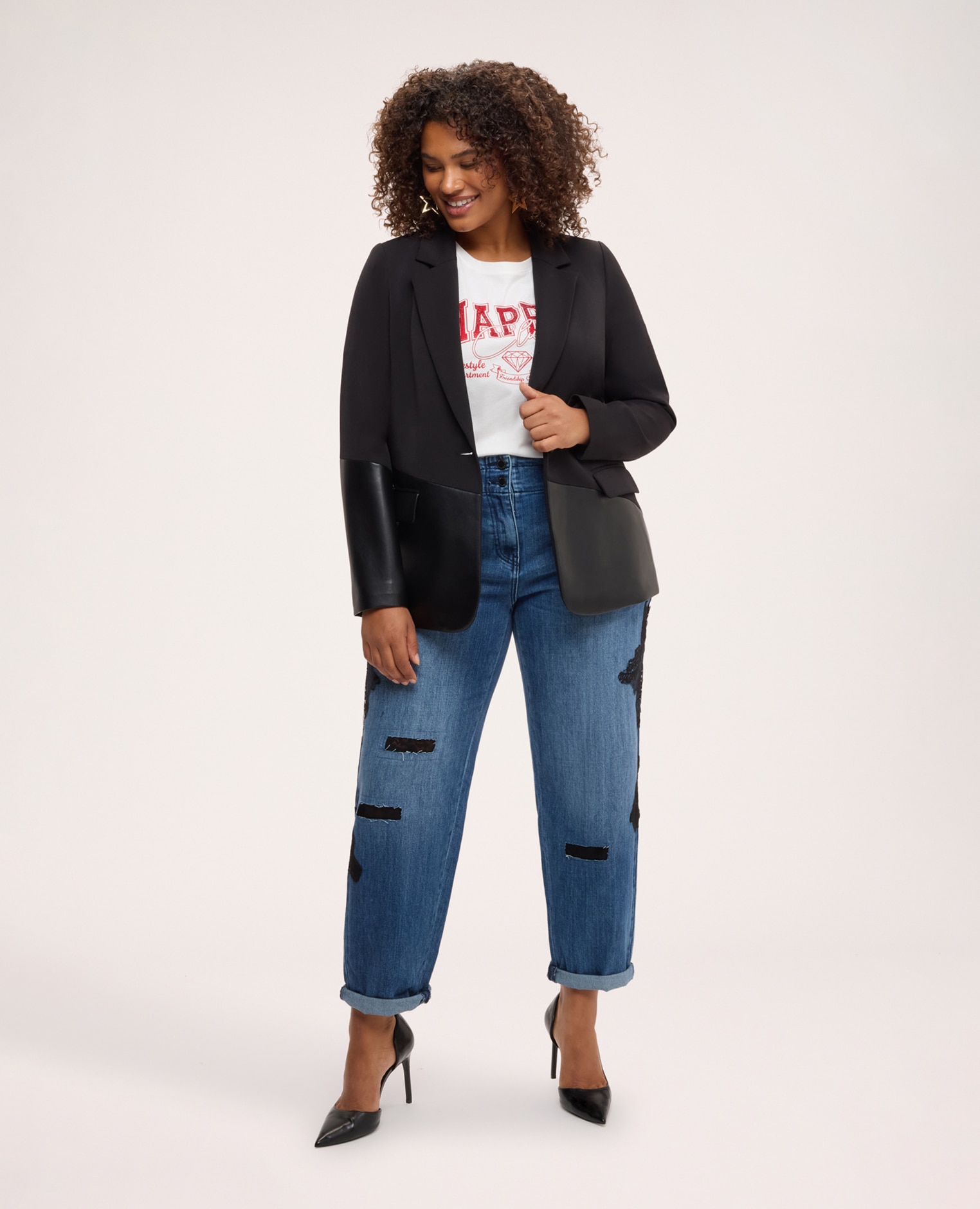 Blazer de mujer con insertos en tejido revestido diseño combo con combinación de dos materiales distintos para un efecto patchwork geométrico - Fiorella Rubino - Negro Negro-3