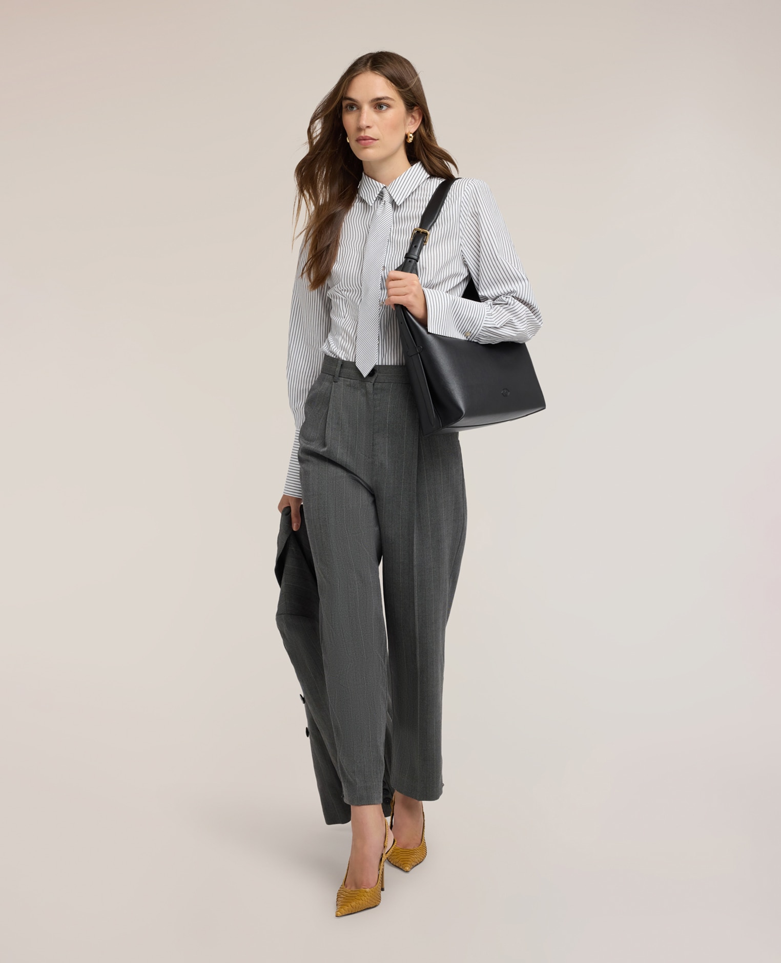 Camisa de mujer de popelín a rayas con corbatín ajuste entallado abertura frontal con cuello clásico y botones - Motivi - Blanco Blanco-3