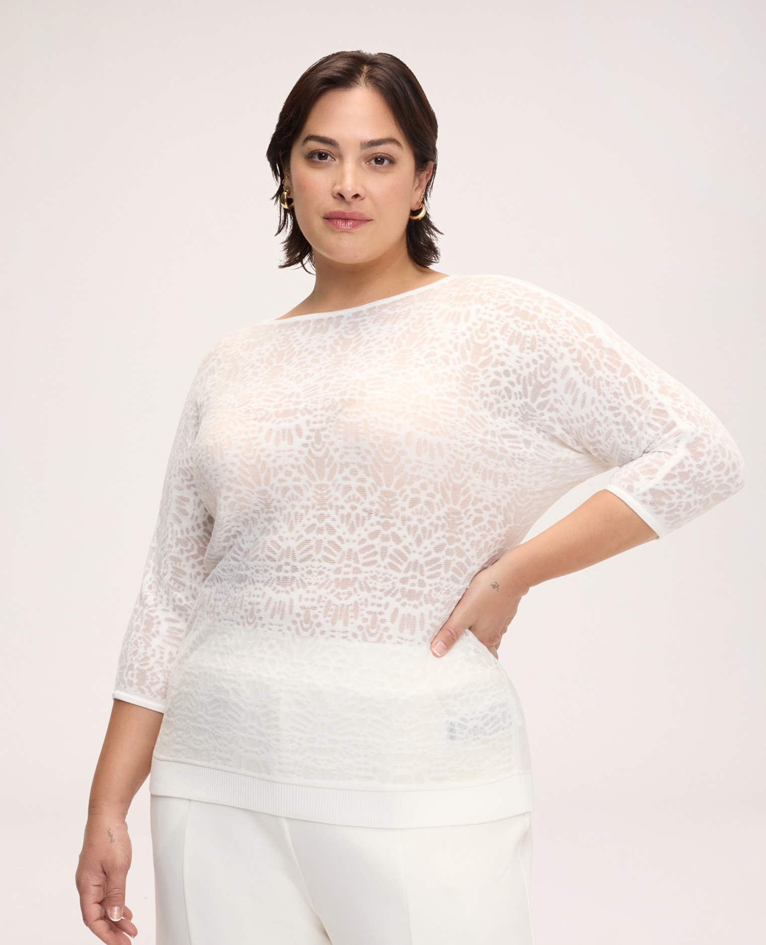 Jersey de mujer con motivo encaje mangas de tres cuartos borde inferior acanalado en contraste con el cuerpo de la prenda - Fiorella Rubino - Blanco Blanco-1