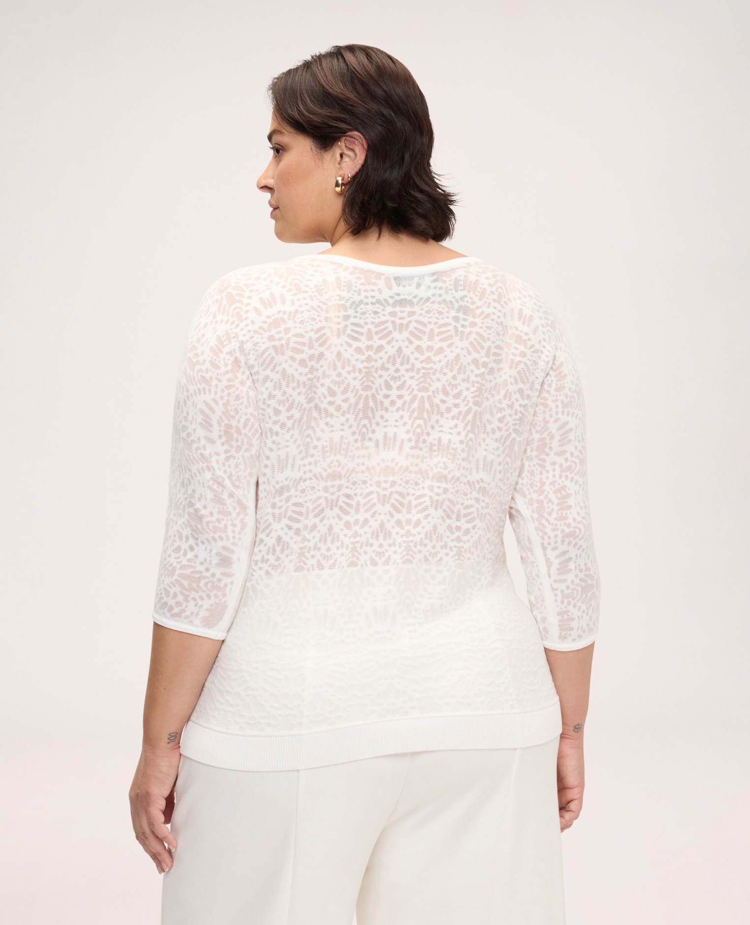 Jersey de mujer con motivo encaje mangas de tres cuartos borde inferior acanalado en contraste con el cuerpo de la prenda - Fiorella Rubino - Blanco Blanco-2