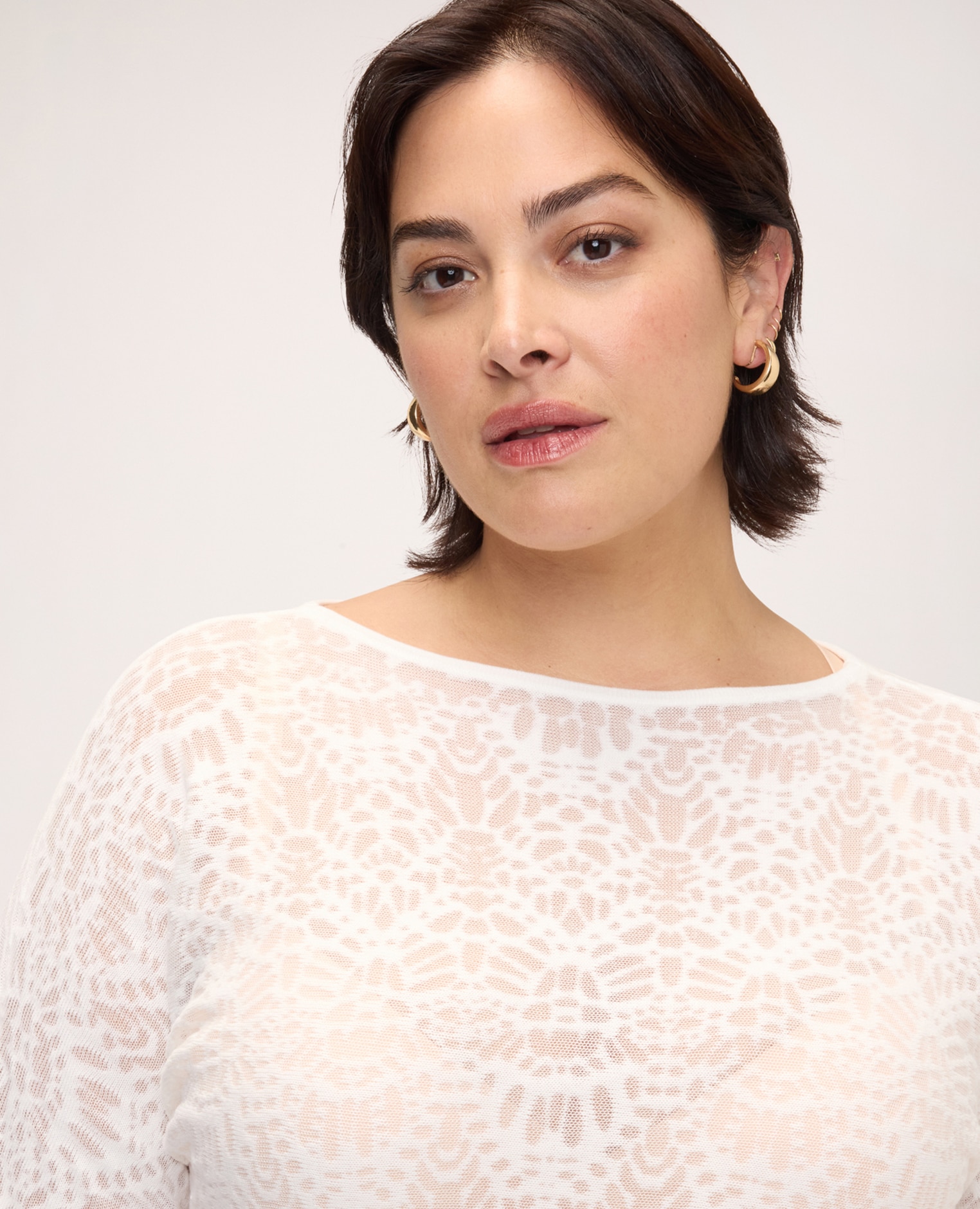 Jersey de mujer con motivo encaje mangas de tres cuartos borde inferior acanalado en contraste con el cuerpo de la prenda - Fiorella Rubino - Blanco Blanco-4