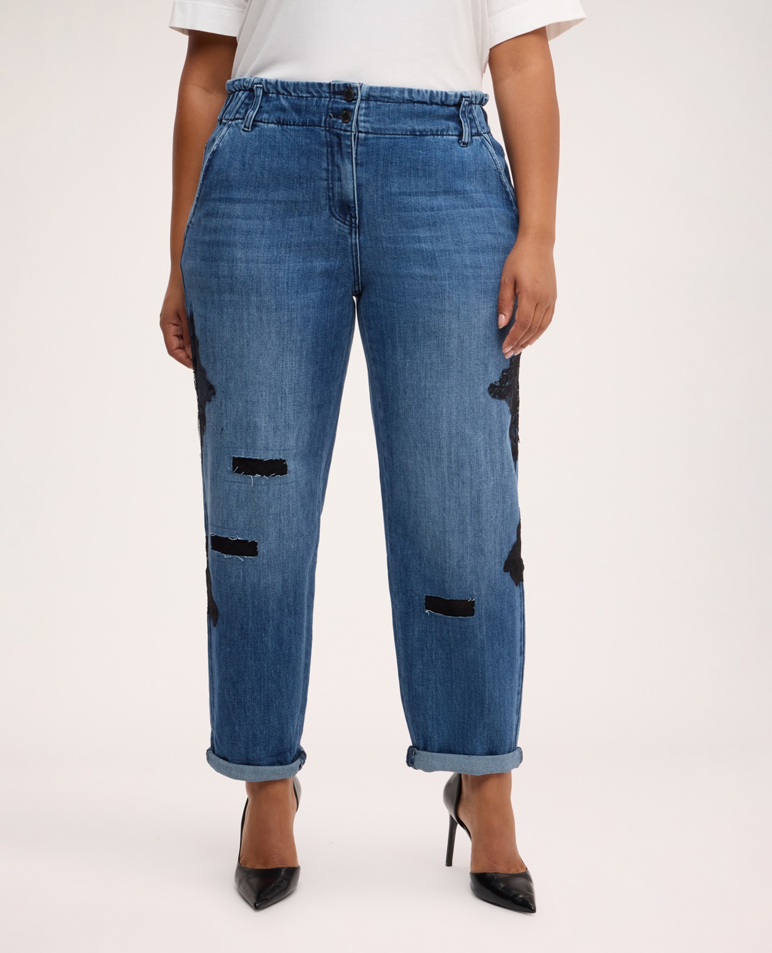 Jeans de mujer balloon con encaje y roturas cierre con botones y cremallera cintura elástica con borde fruncido - Fiorella Rubino - Azul Azul-3