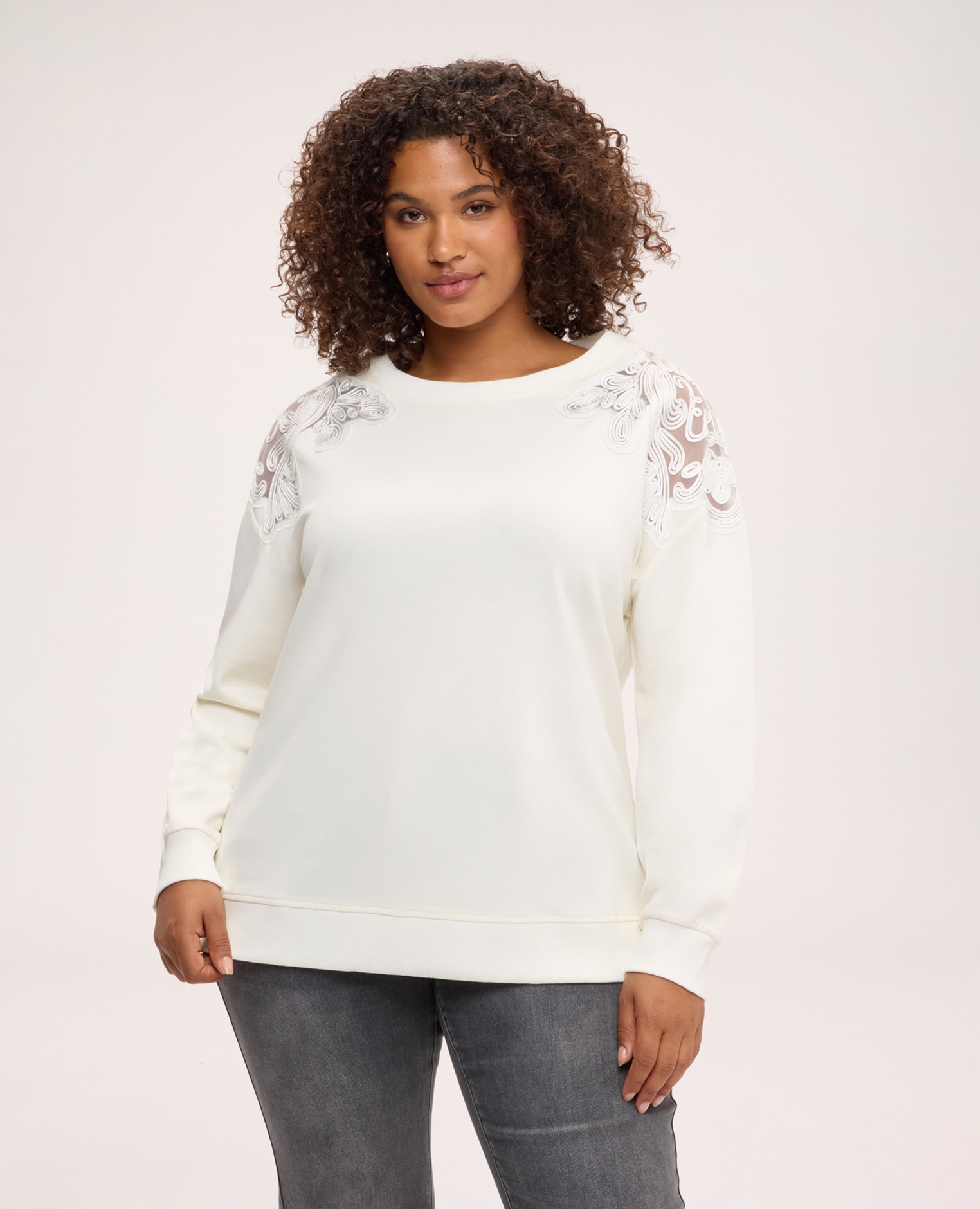 Sudadera de mujer con bordados florales bajo y puños acanalados - Fiorella Rubino - Blanco Blanco-1