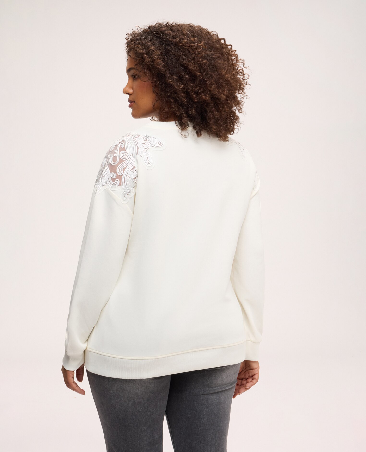Sudadera de mujer con bordados florales bajo y puños acanalados - Fiorella Rubino - Blanco Blanco-2