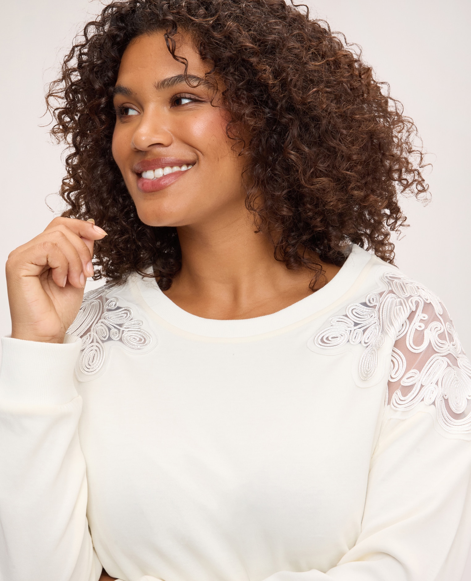 Sudadera de mujer con bordados florales bajo y puños acanalados - Fiorella Rubino - Blanco Blanco-4