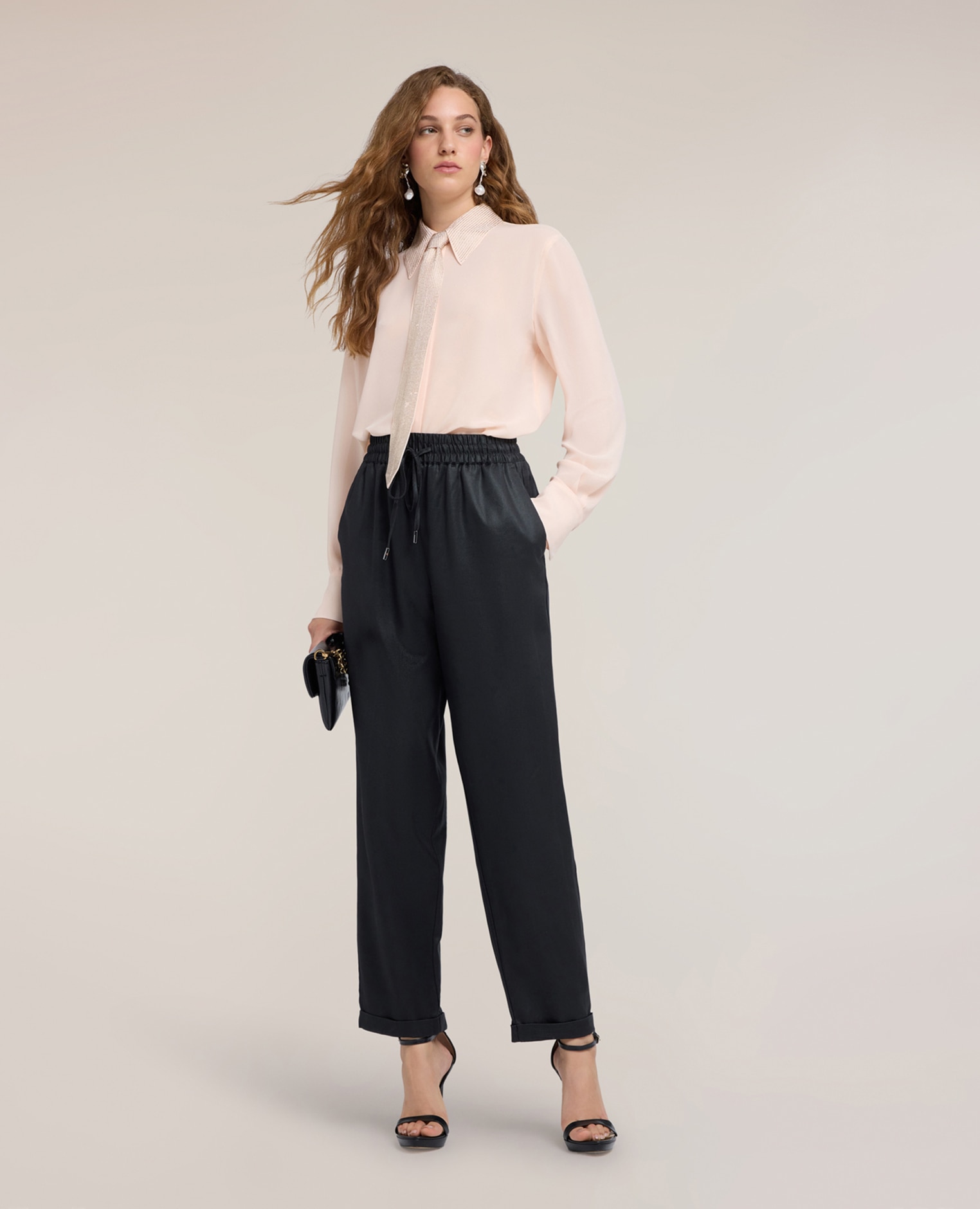 Camisa de mujer de georgette con cuello y corbata de strass ajuste regular cierre con botones - Motivi - Rosa Rosa-3