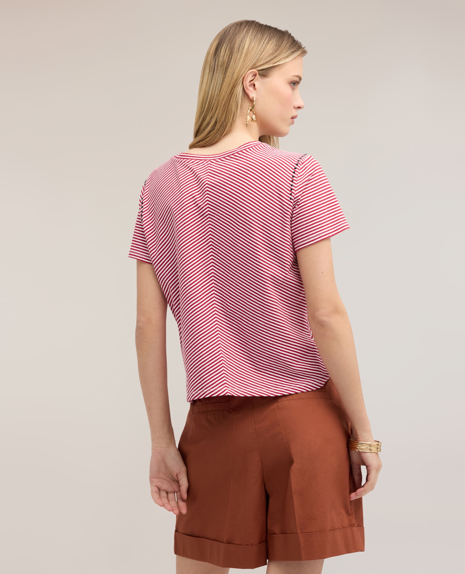Camiseta de mujer de rayas con micro tachuelas ajuste regular - Motivi - Rojo Rojo-2