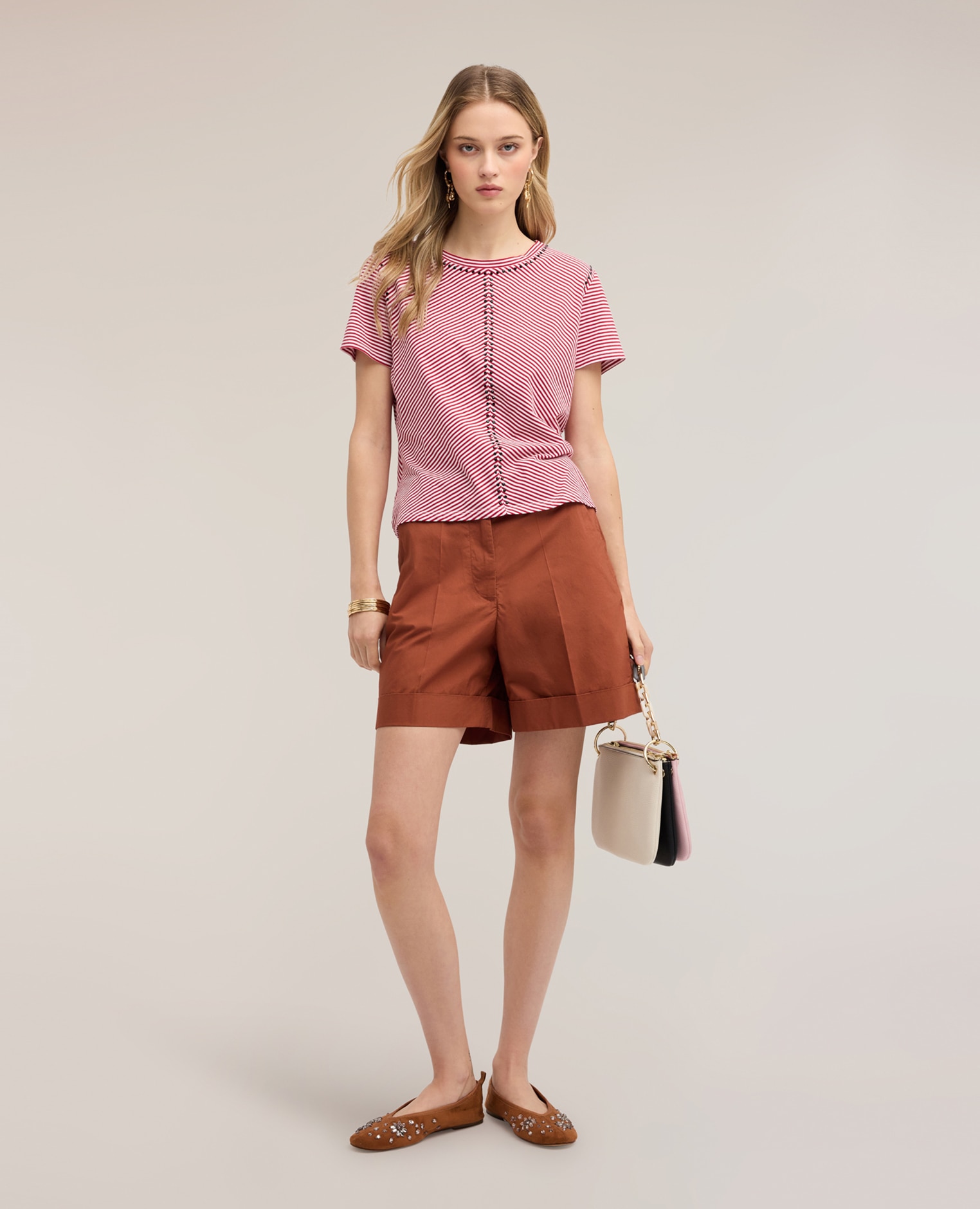 Camiseta de mujer de rayas con micro tachuelas ajuste regular - Motivi - Rojo Rojo-3