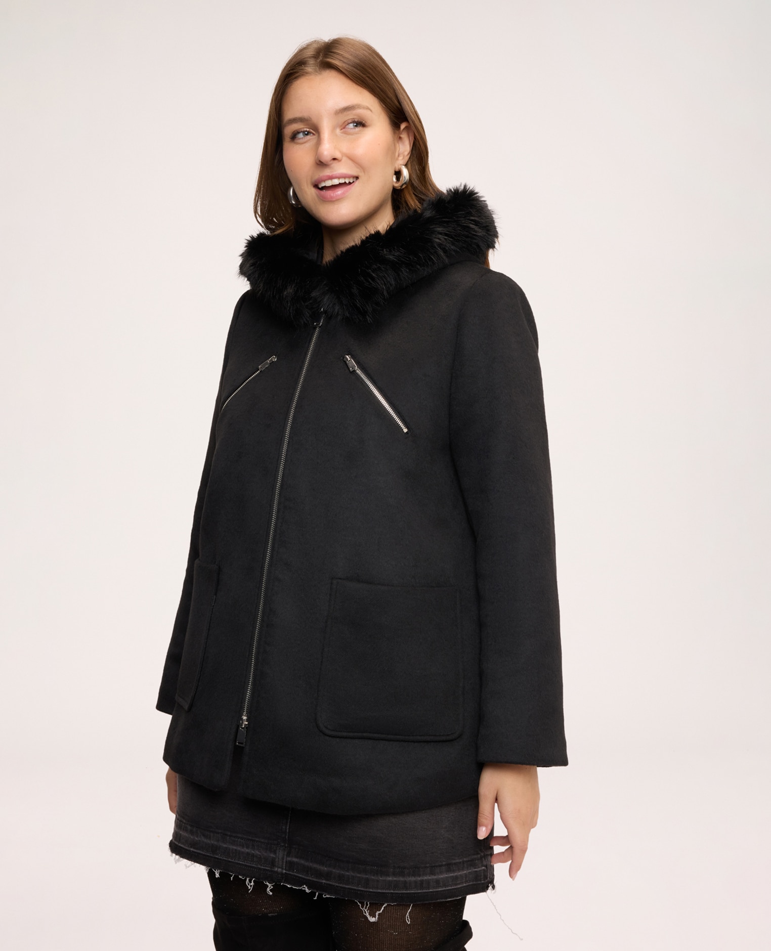 Imagen 0 de Parka de mujer de lana con capucha cierre con cremallera de doble cursor Negro