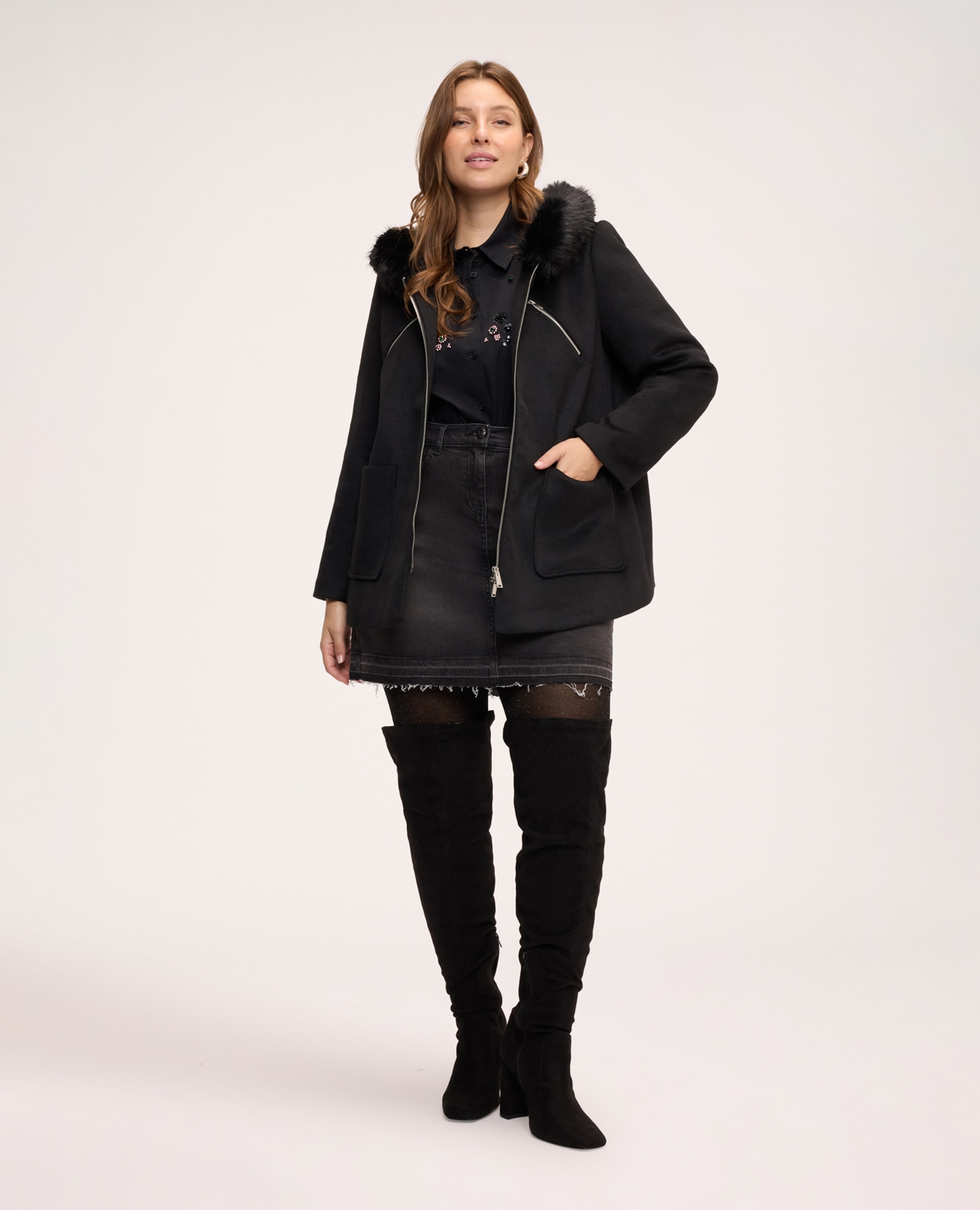 Parka de mujer de lana con capucha cierre con cremallera de doble cursor - Fiorella Rubino - Negro Negro-3
