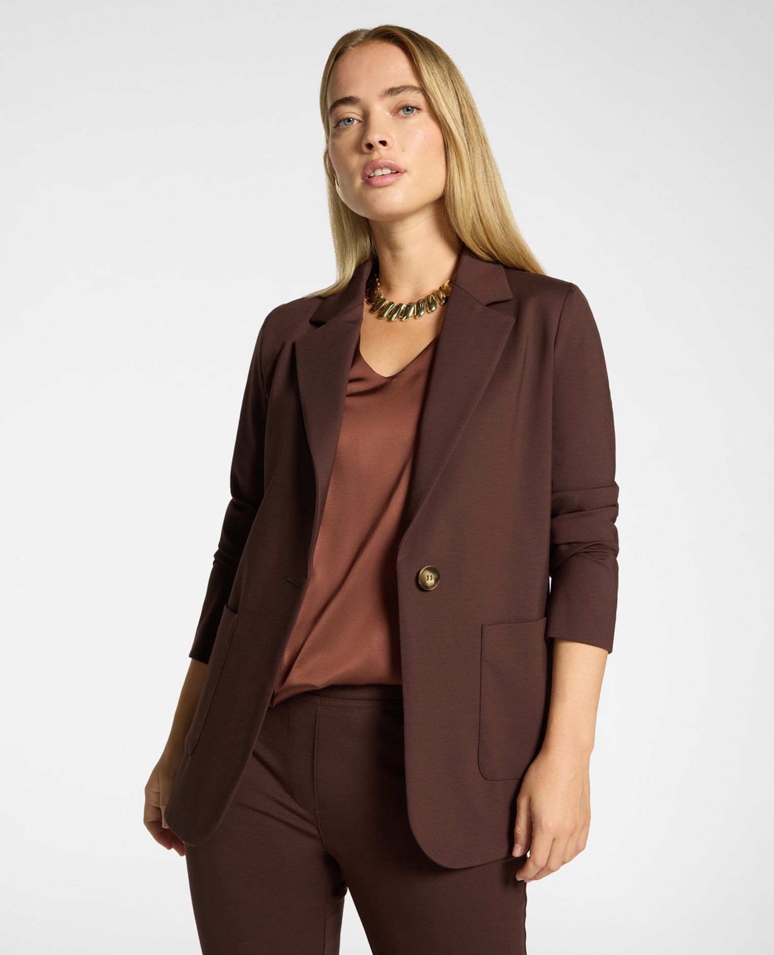Imagen 1 de Blazer de mujer mezcla viscosa un botón ajuste entallado largo medio con cierre de botón - Elena Miró - Marrón Marrón