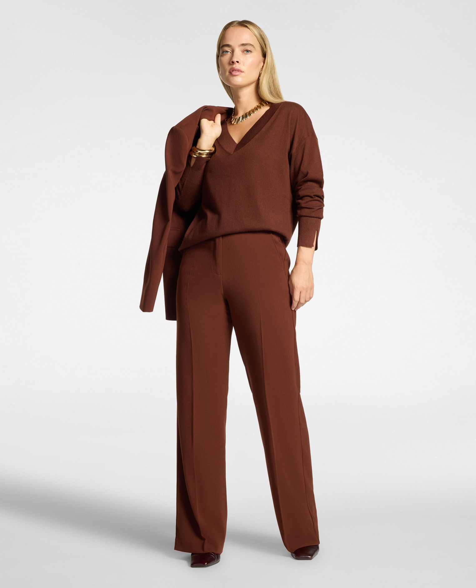 Pantalones de mujer palazzo de crepé mezcla de algodón ajuste regular cierre con botón y cremallera - Elena Miró - Marrón Marrón-1