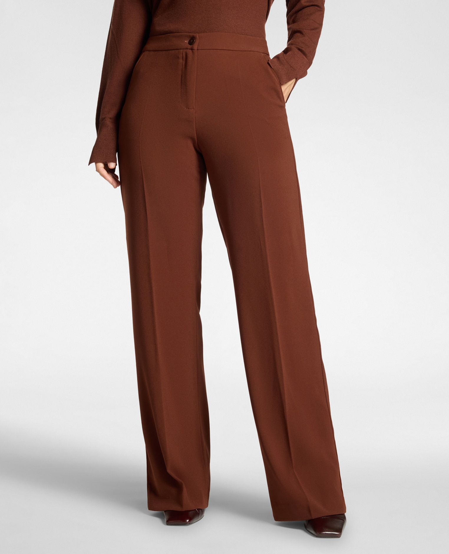 Pantalones de mujer palazzo de crepé mezcla de algodón ajuste regular cierre con botón y cremallera - Elena Miró - Marrón Marrón-3