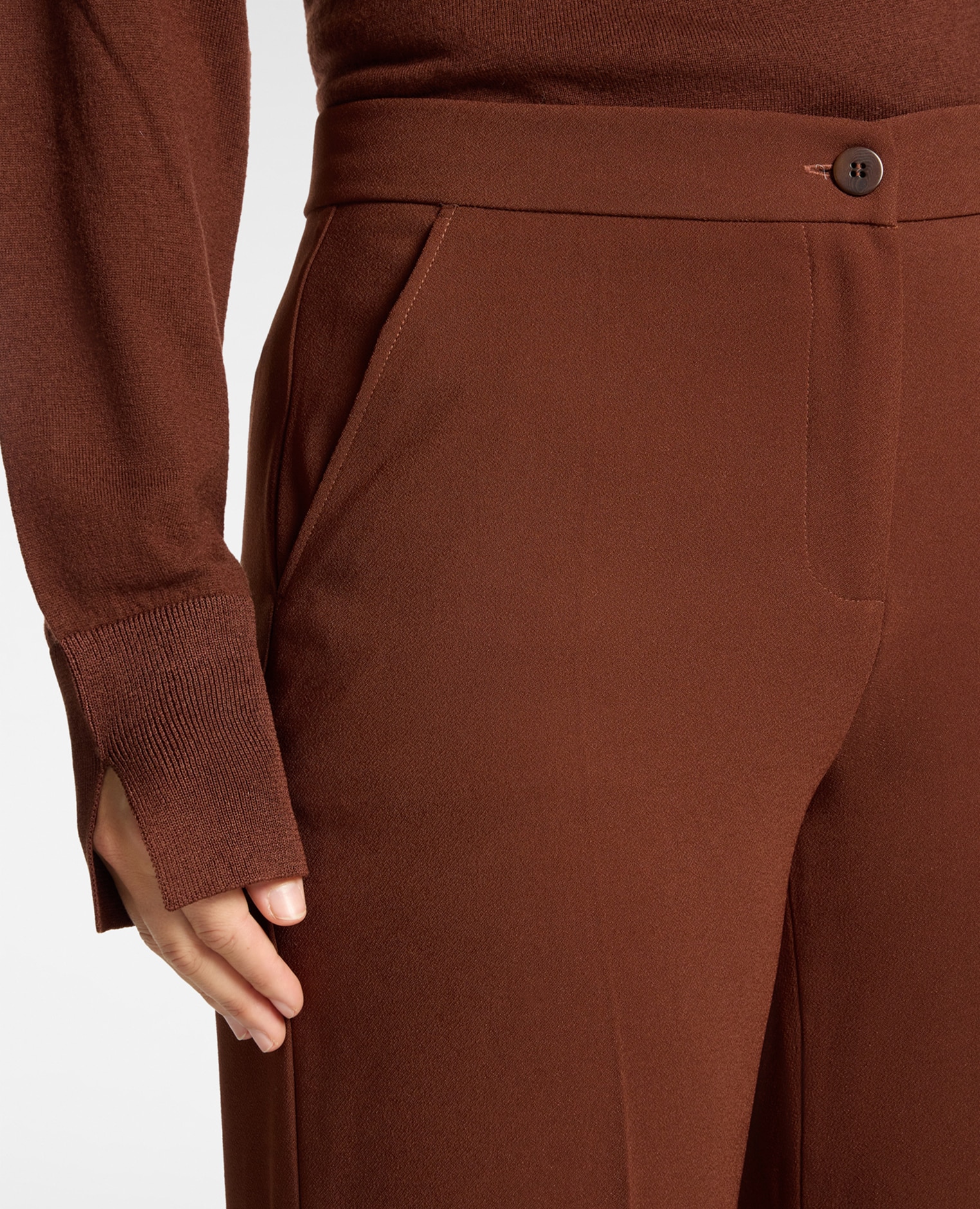 Pantalones de mujer palazzo de crepé mezcla de algodón ajuste regular cierre con botón y cremallera - Elena Miró - Marrón Marrón-4