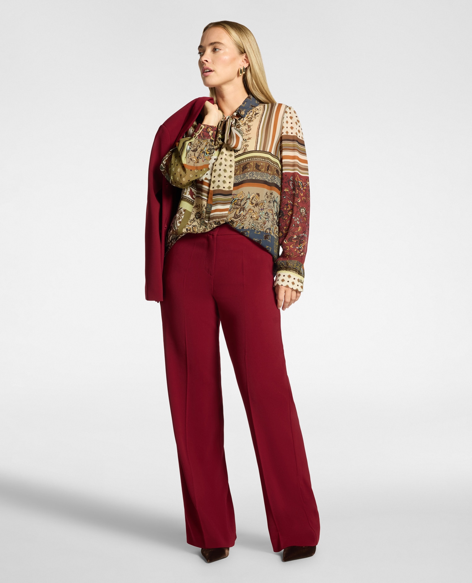 Pantalones de mujer palazzo de crepé mezcla de algodón ajuste regular cierre con botón y cremallera - Elena Miró - Burdeos Burdeos-1