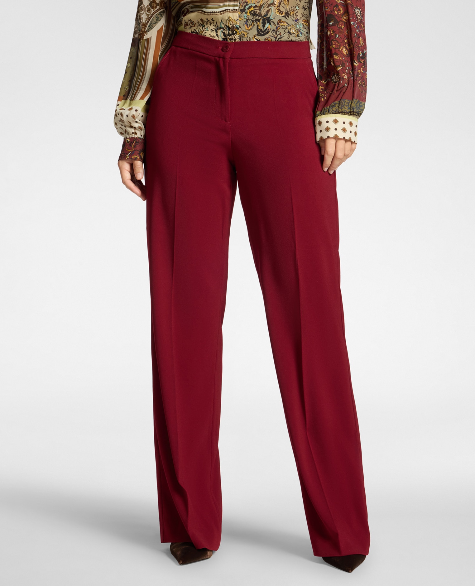 Pantalones de mujer palazzo de crepé mezcla de algodón ajuste regular cierre con botón y cremallera - Elena Miró - Burdeos Burdeos-3