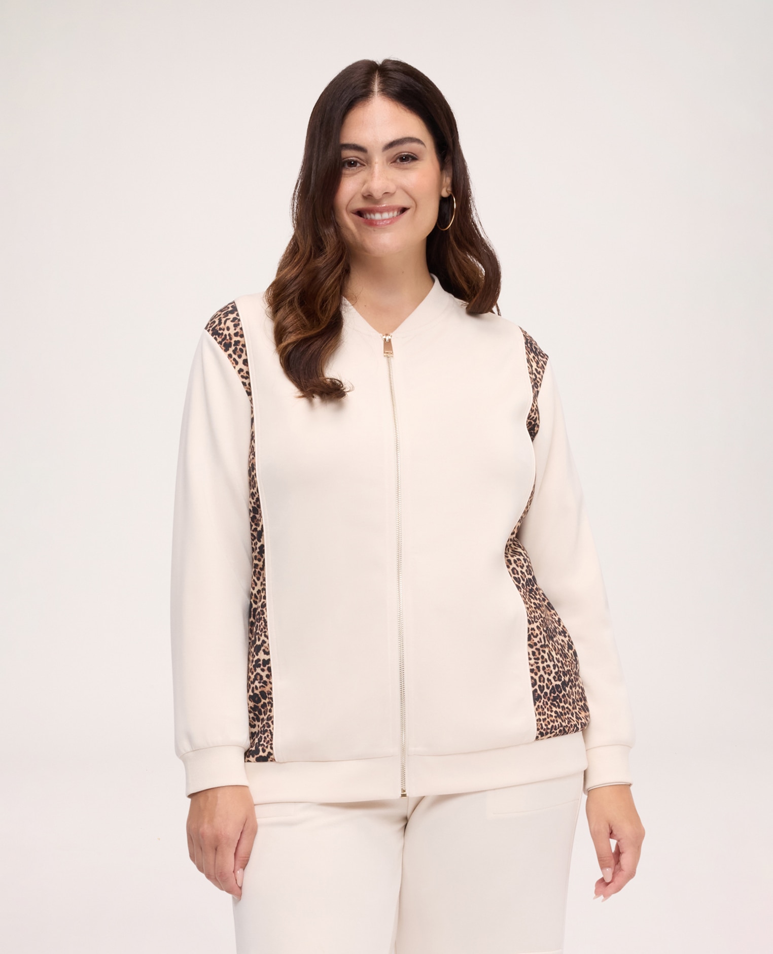Sudadera de mujer abierta con detalles animal print detalles de estampado animal en los laterales en contraste y mangas largas - Fiorella Rubino - Beige Beige-1