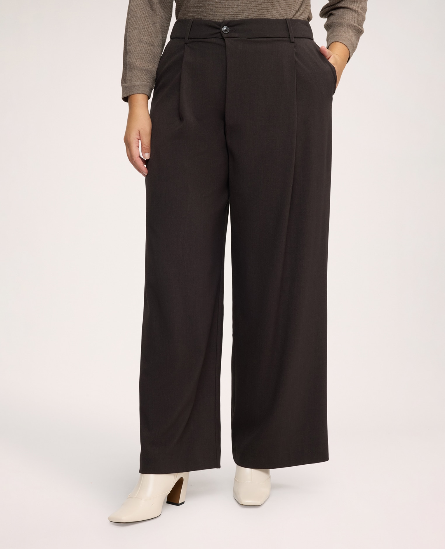 Pantalones de mujer palazzo con cierre cruzado cierre con botón y cremallera bolsillo de vivo y pinza planchada en la parte delantera - Fiorella Rubino - Marrón Marrón-3