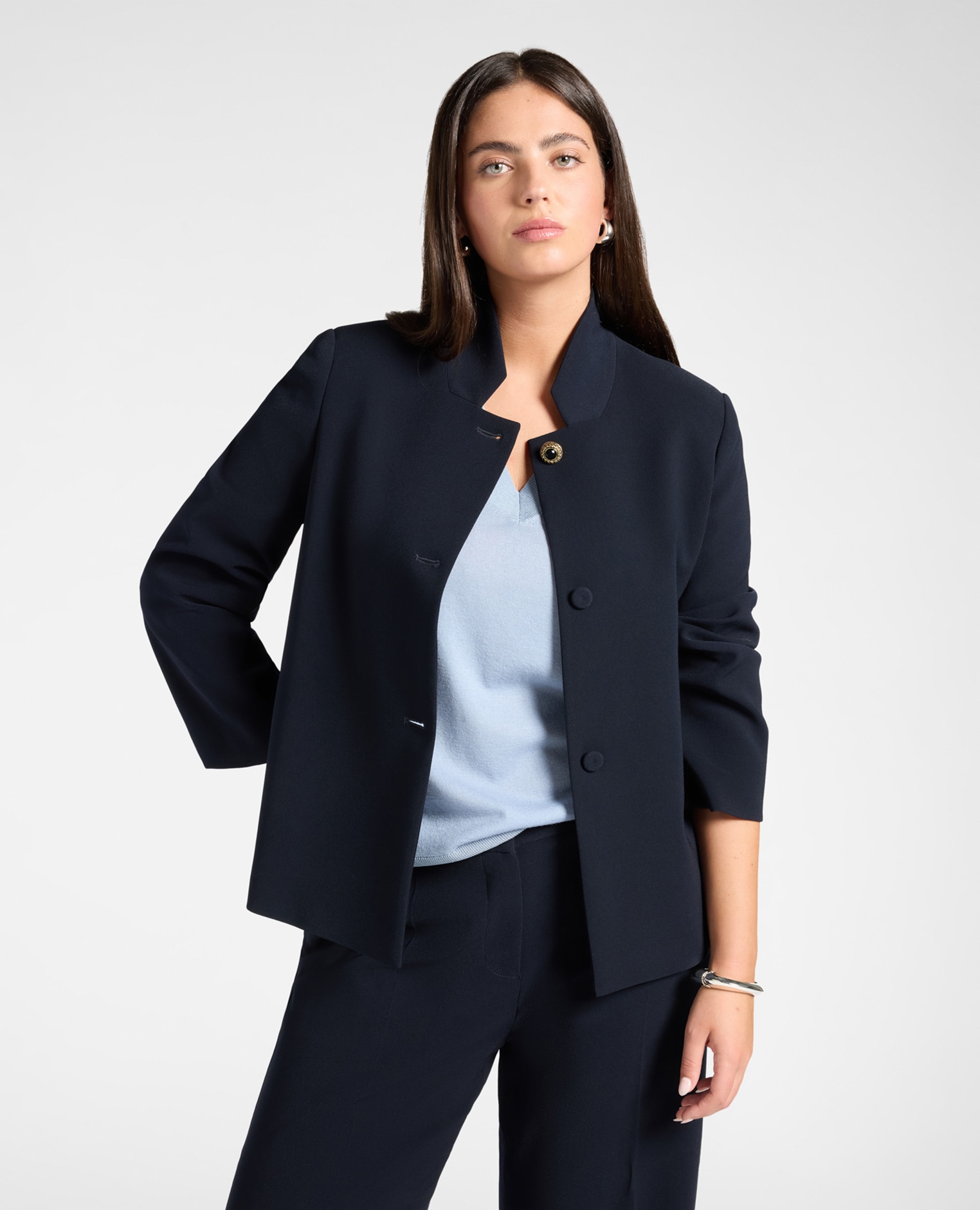 Imagen 1 de Chaqueta de mujer de crepé con botón joya ajuste boxy de longitud media Azul